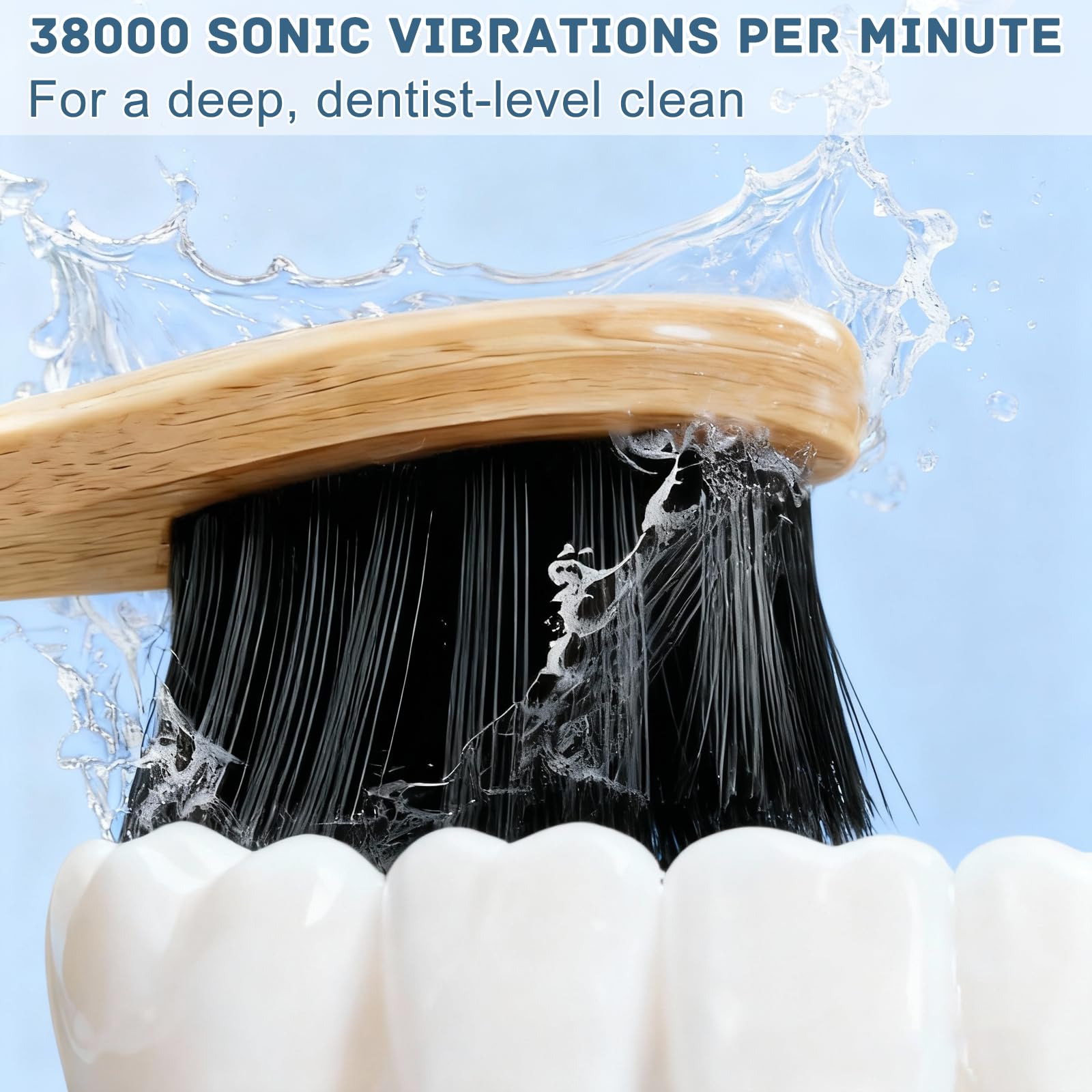 Spazzolino elettrico in bambù con 4 testine in carbone di bambù, 5 modalità, tecnologia Sonic Wave, 38.000 VPM, durata della batteria 60 giorni, impermeabile IPX7, timer intelligente per