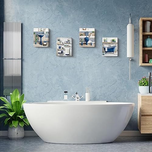 Miniatura 6 de Arte de pared de baño azul marino enmarcado, arte de pared rústico azul para baño, juego de 4 (8 x 10 pulgadas), decoración estética retro para