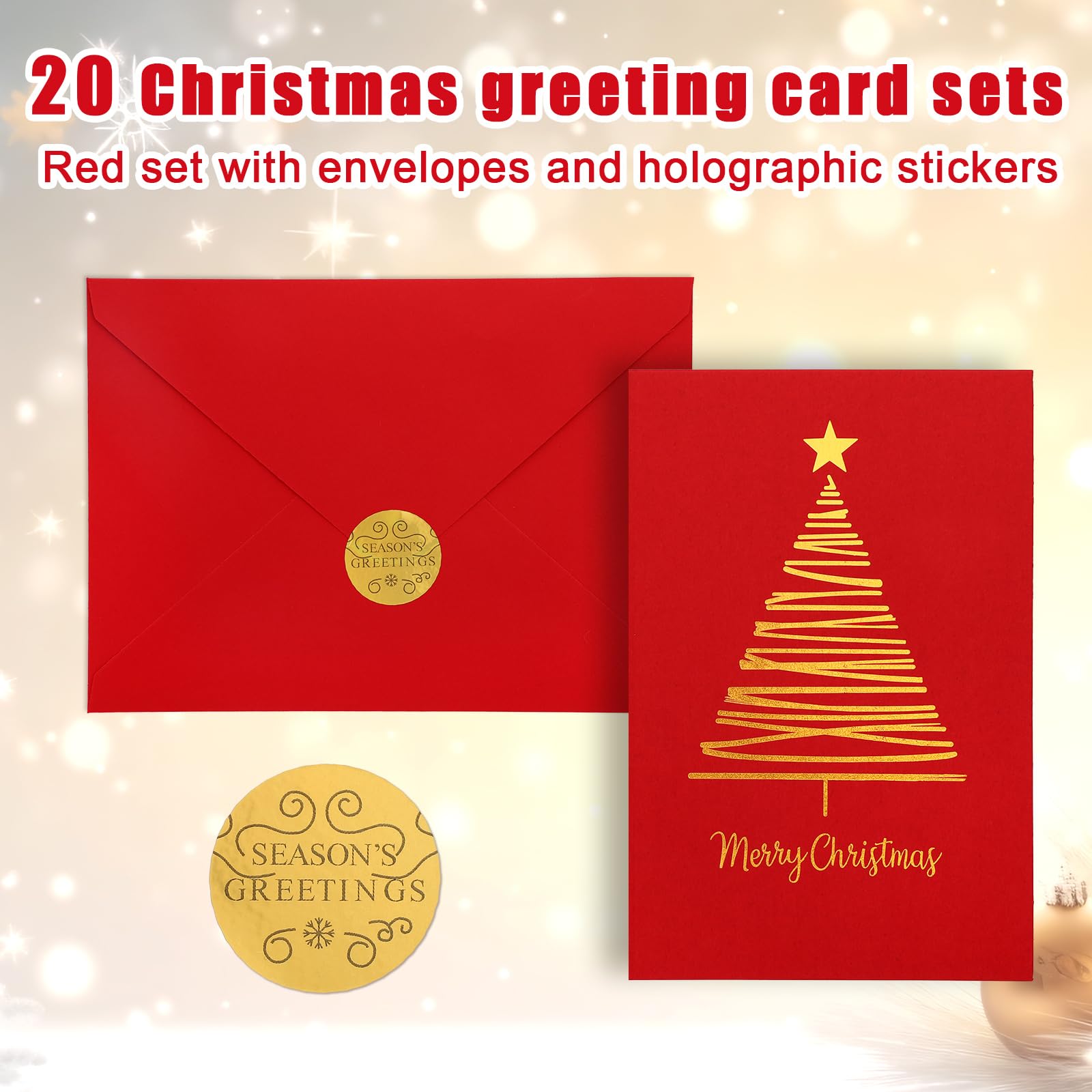 20pcs Christmas Greeting Cards, Merry Christmas Cards with Gold Foiling Xmas Tree Include Seal Stickers & Envelopes for Family Friends & Loved Ones (Red) - Image 4