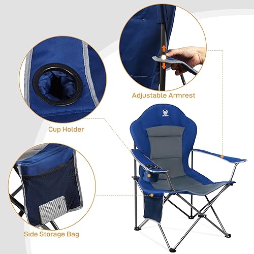 Miniatura 6 de EVER ADVANCED Silla acolchada de gran tamaño con marco de acero plegable silla de campamento plegable con respaldo alto con soporte para tazas