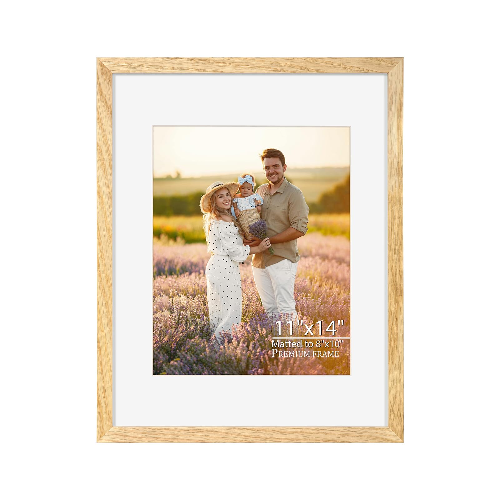 11x14 Picture Frame with Mat, Solid Oak Wood, 11x14 Frame Matted to 8x10, Real Tempered Glass, Natural Wood Frame for Wall Mounting and Tabletop Display, 1 Pack