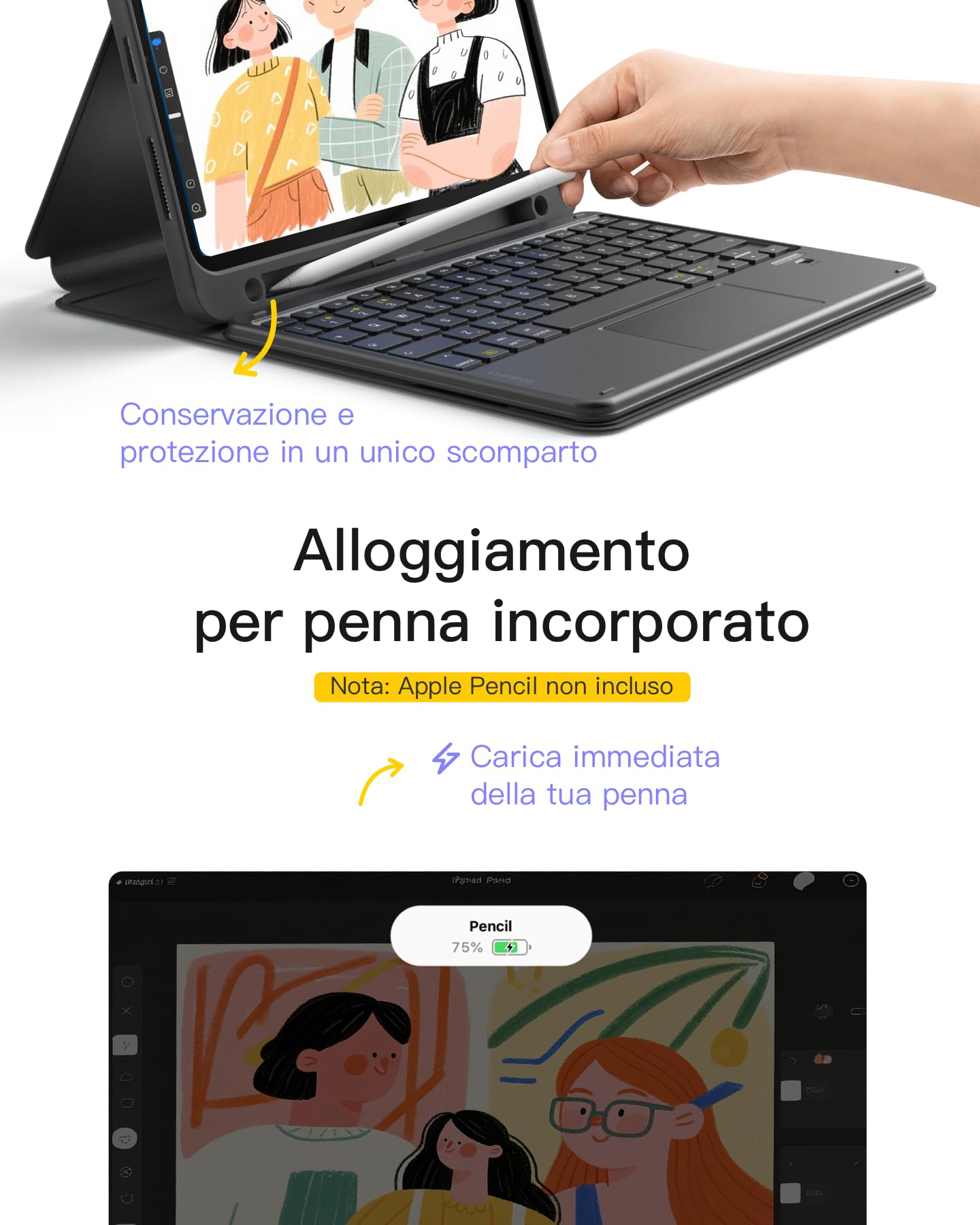 Inateck Custodia Tastiera iPad A16/10a Gen, Bluetooth 3 Canali | Per iPad Air 11" M4/M3/M2, Air 5/4, Pro 11", touchpad e porta penna, rimovibile, Classic, Nero