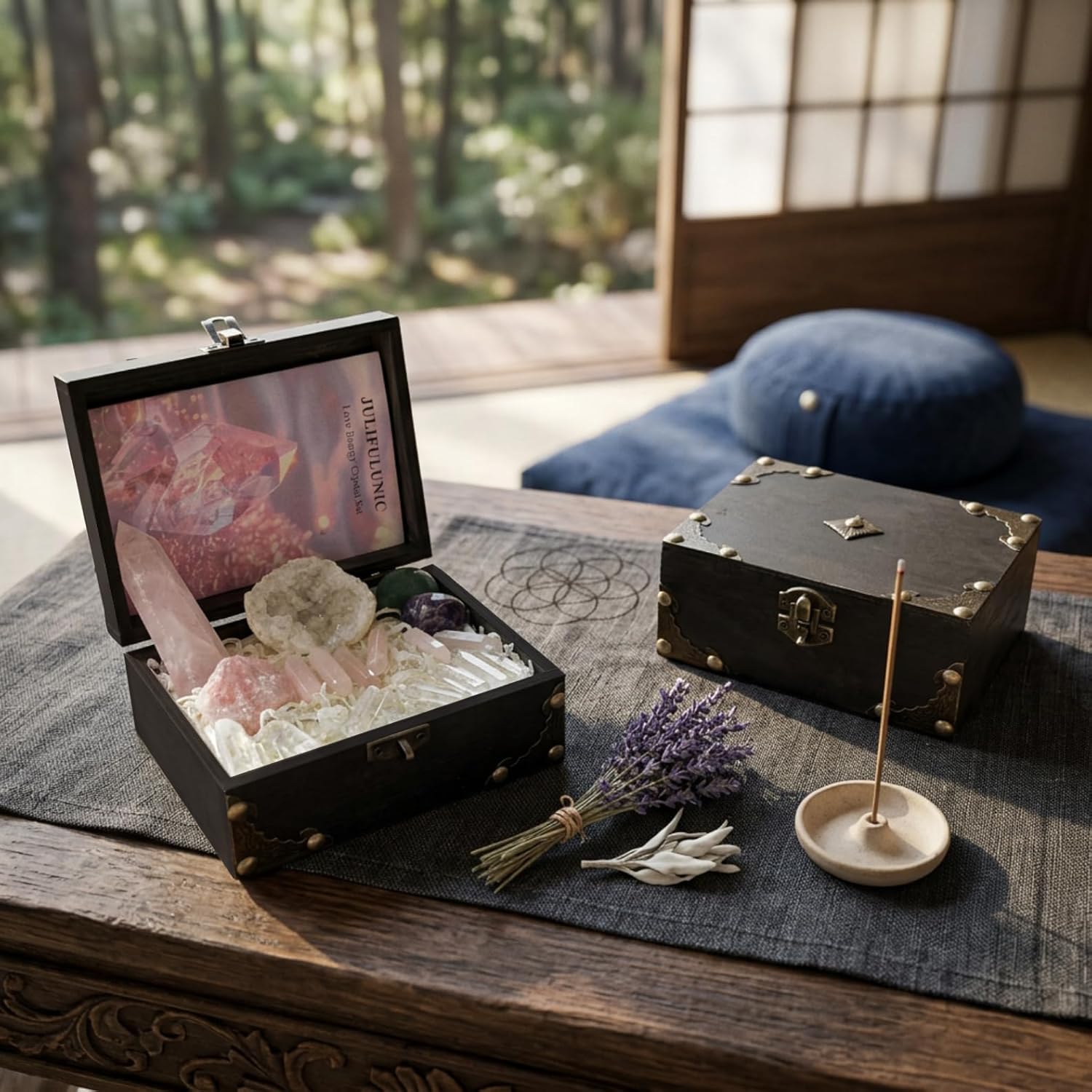 Juniful Unic Love Energy Crystal Set 19PCS Raw Healing Crystals Kit in Wooden Box for Meditation & Manifestation Rose Quartz Point for Self Love Amethyst Green Aventurine Gift for Women