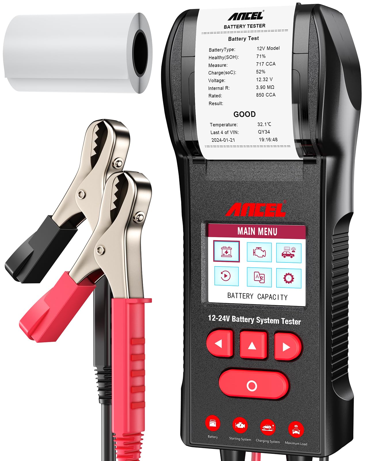 ANCEL BST600 Car Battery Tester with Printer - 12V/24V, 100-2000 CCA, Digital Auto Battery Load Tester - Cranking and Charging System Test for Heavy Duty Truck, Marine, Motorcycles, RVs, SUVs, Boats