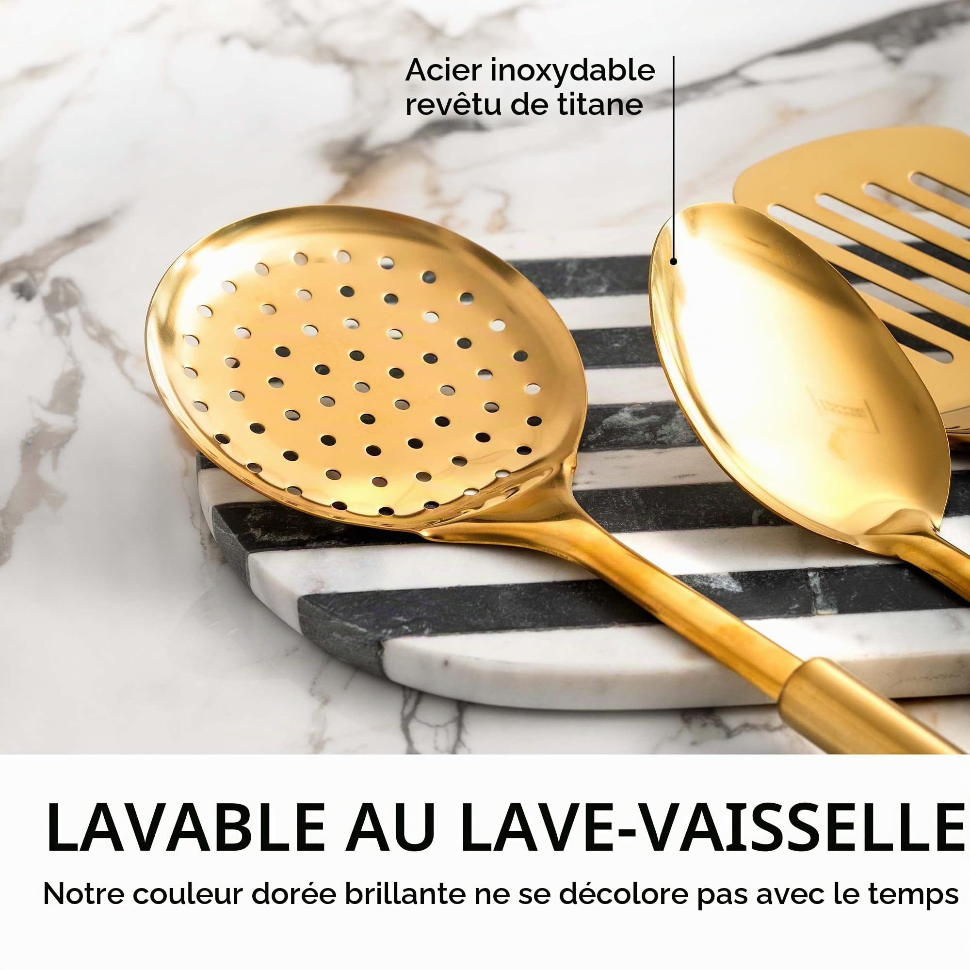 Ensemble d’ustensiles de cuisine dorés – 5 pièces en acier inoxydable pour cuisiner et servir, incluant louche, cuillère, spatule et fourchette à pâtes – Accessoires de cuisine luxe
