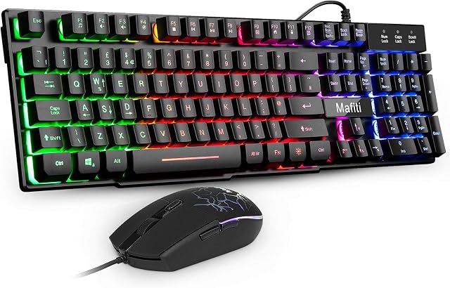 mafiti Gaming Keyboard Mouse Set, RK101 7 Rainbow Backlit Keyboard with Mechanical Feeling Breathing Light for Working or Gaming, UK Layout
