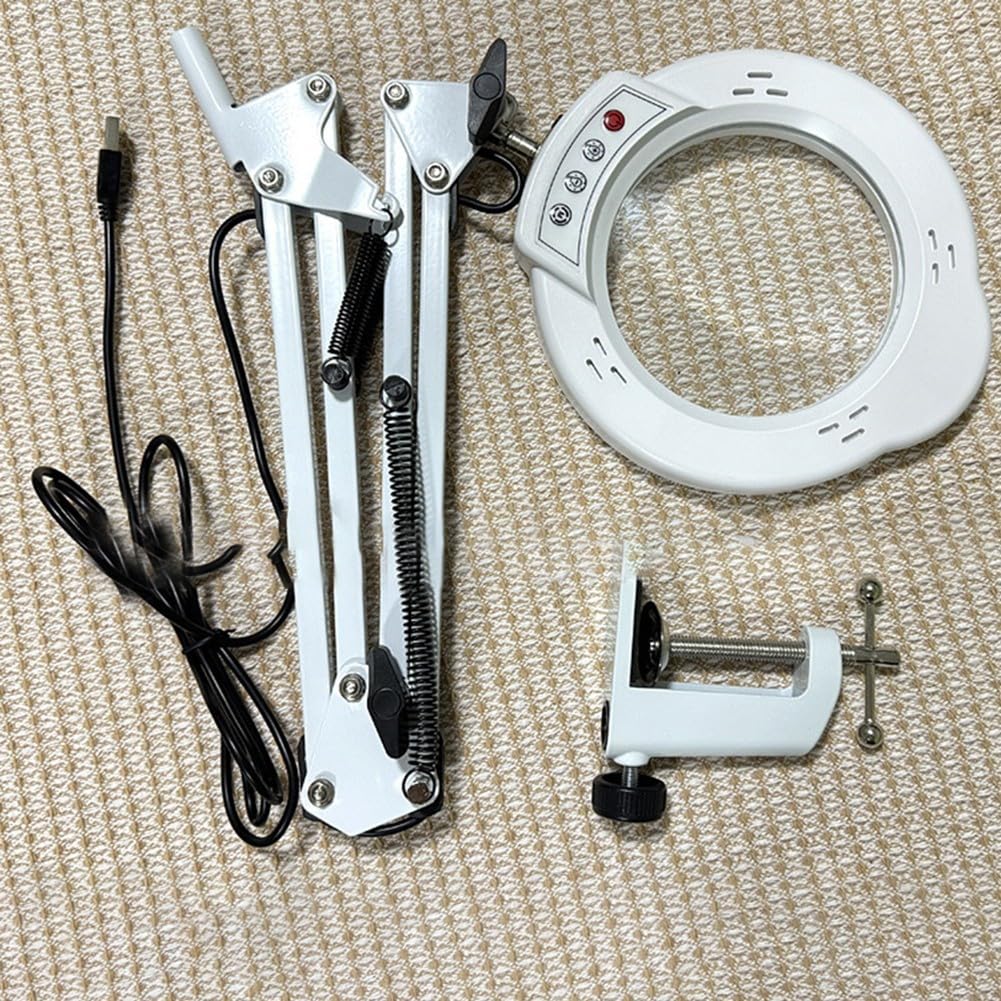 Vergrößerungslampe mit LED-Licht, 5 Farbmodi stufenlos dimmbar, 4,3 Zoll optische Glaslinse, 2-in-1 Tisch- und Klemmlampe für Handwerk Lesen Reparatur, schattenfrei augenschonend(White C)