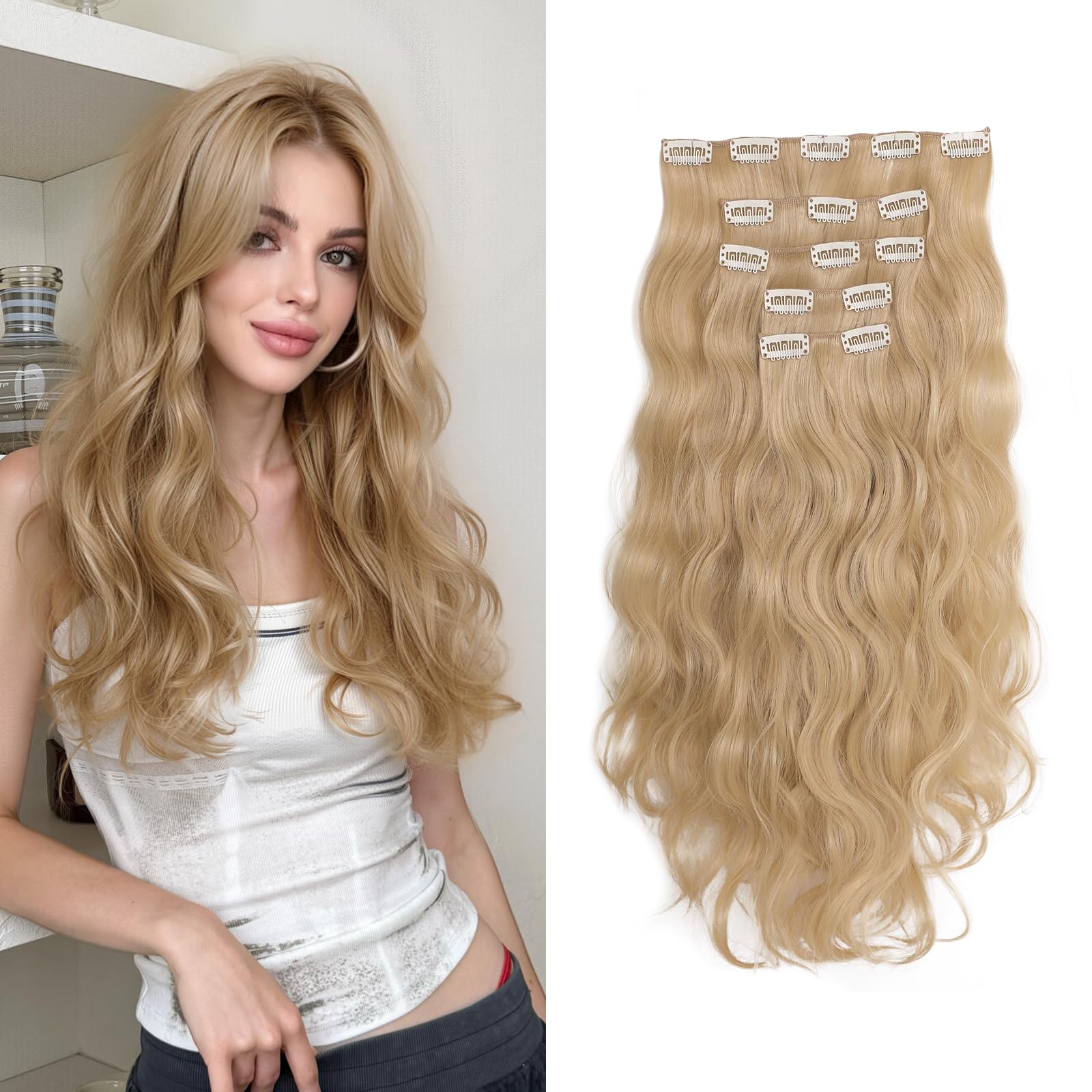 Amazon.com : StrRid Blonde Hair extensions Clip ins Wavy 18  display picture 1