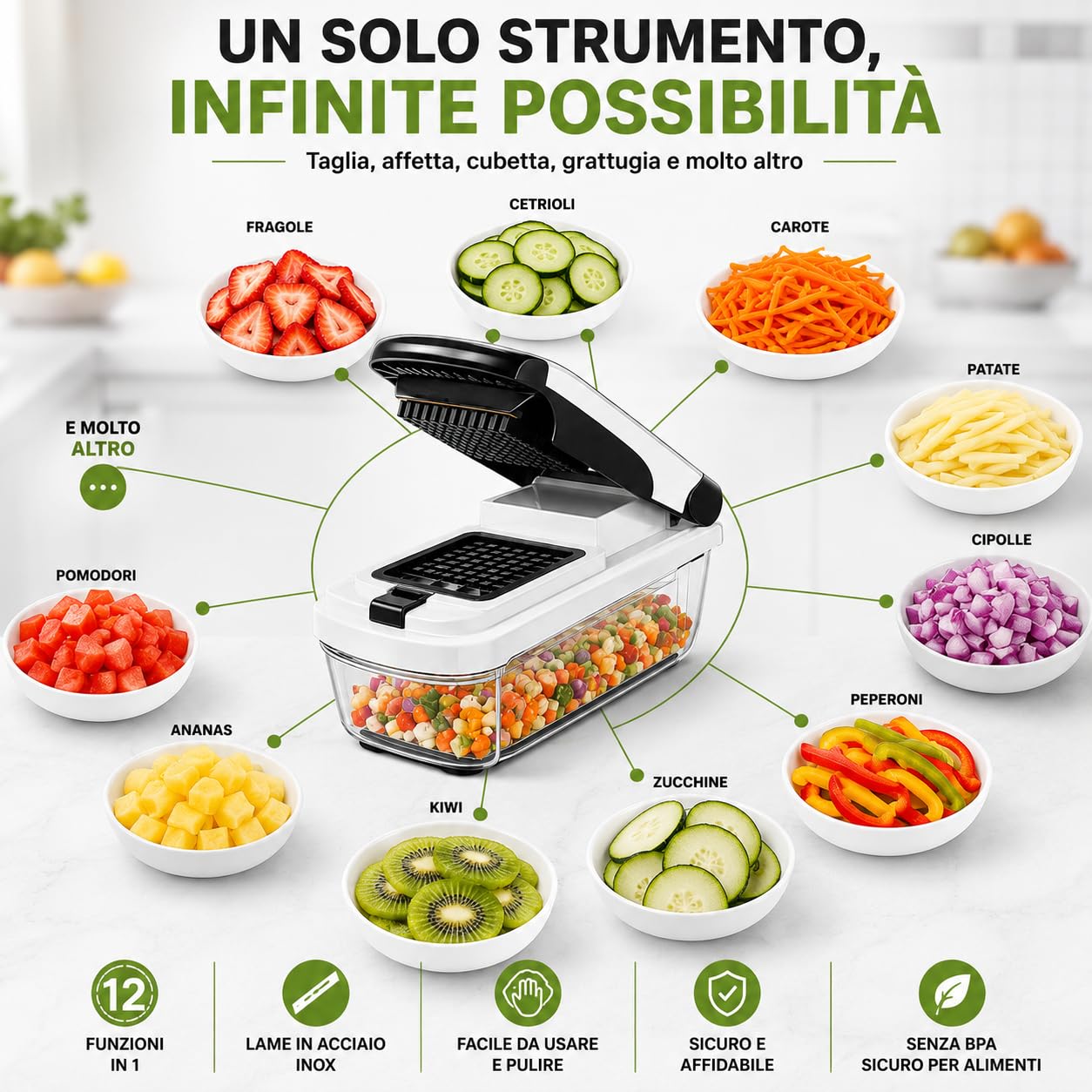 Mandolina per Verdure con 12 Accessori | Lame Intercambiabili in Acciaio Inox | Contenitore Trasparente | Tritatutto Multifunzionale per Verdure