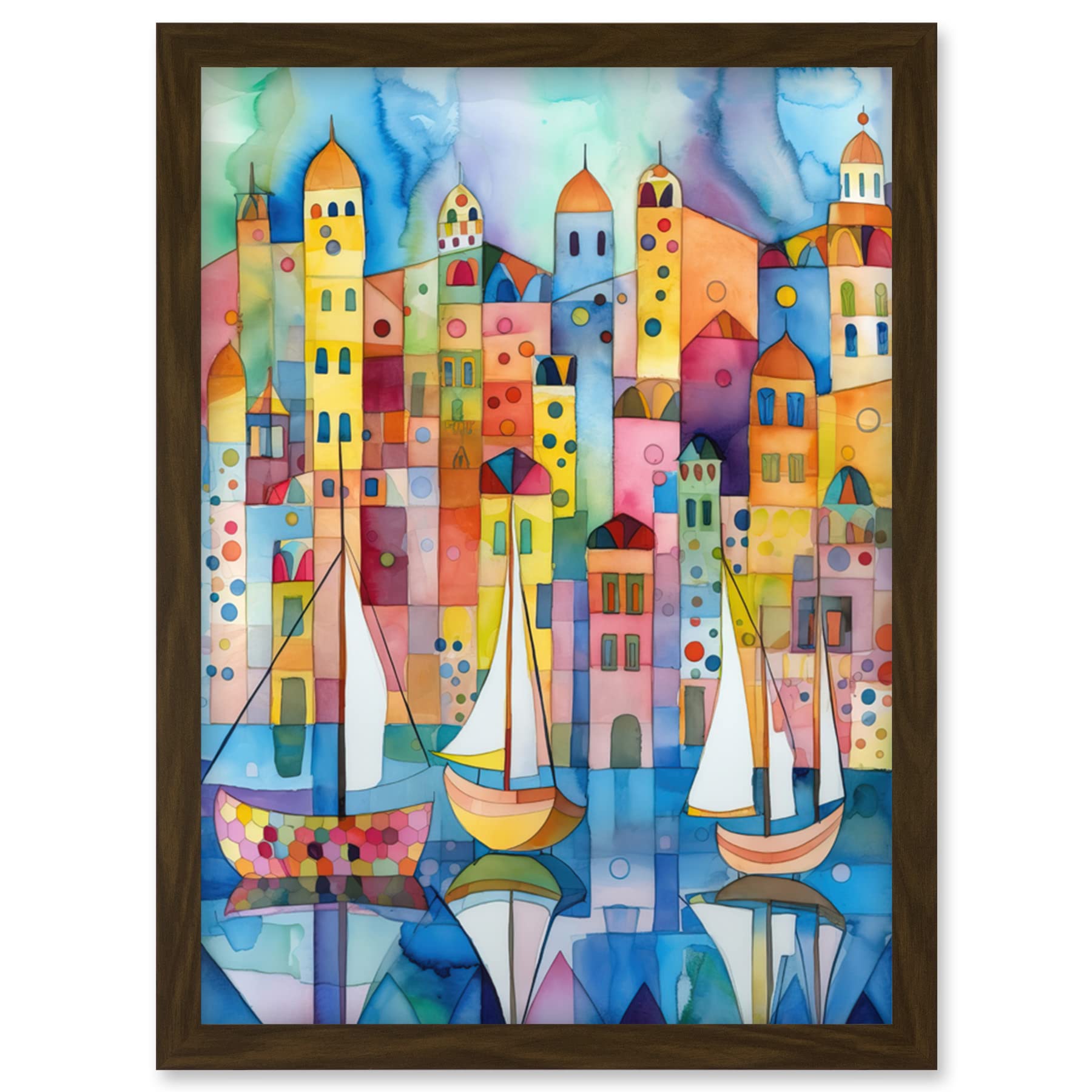 Artery8 Modern Marina Colourful Cityscape Pattern Folk Art Watercolour Painting Artwork Framed Wall Art Print A4