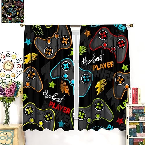 Miniatura 3 de Cortinas opacas con diseño abstracto de gamepad para niños, control de videojuegos, estampado colorido, ojales, oscurecimiento de habitación,