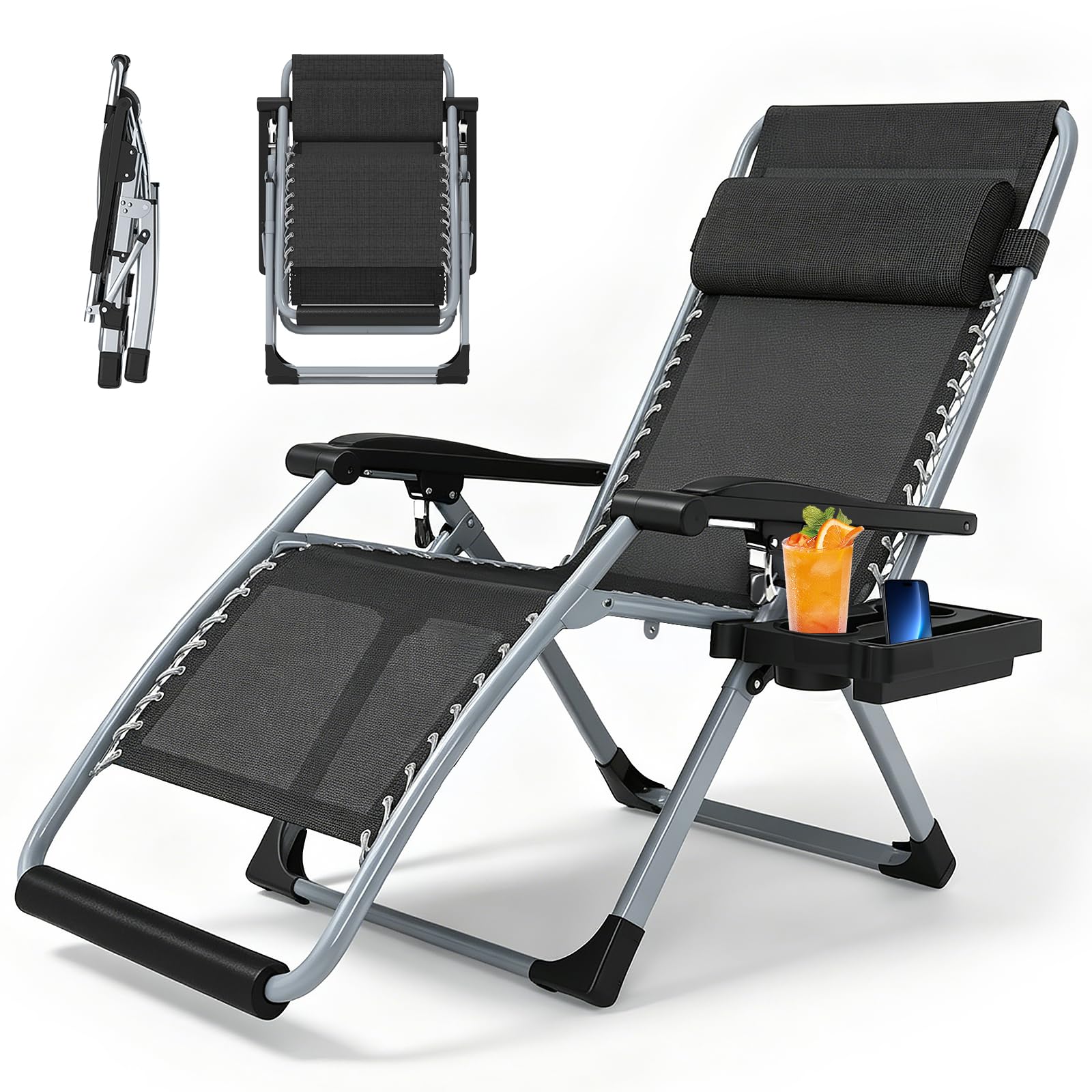 BYYBOU Klappbarer Sonnenstuhl, Garten liegestuhl, Outdoor relaxstuhl mit liegefunktion, für Innenhof, Strand Pool, mit Polsterstütze, 200KG, mit Verstellbarer Rückenlehne, Halskissen