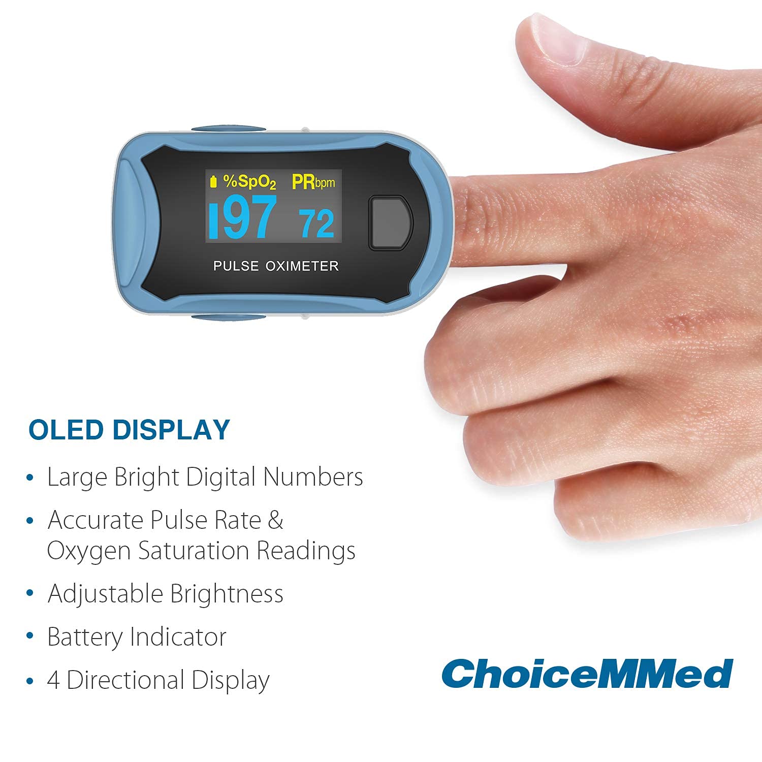ChoiceMMed FingerTip Pulse Oximeter (MD300C29) | OxyWatch Portable | Non-Invasive Oximeter | Pulse Rate | Oxygen Saturation | High Accuracy - Pack of 1 (Blue) - Image 3 thumbnail
