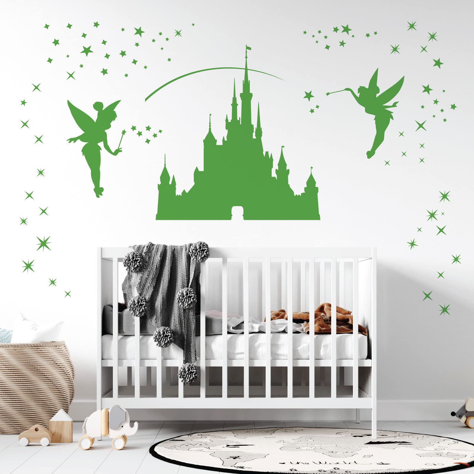 Fairy Castle - Fairies and Twinkling Stars - Girls Bedroom Vinyl Wall Decal Sticker [Large] [Grass] — image 1