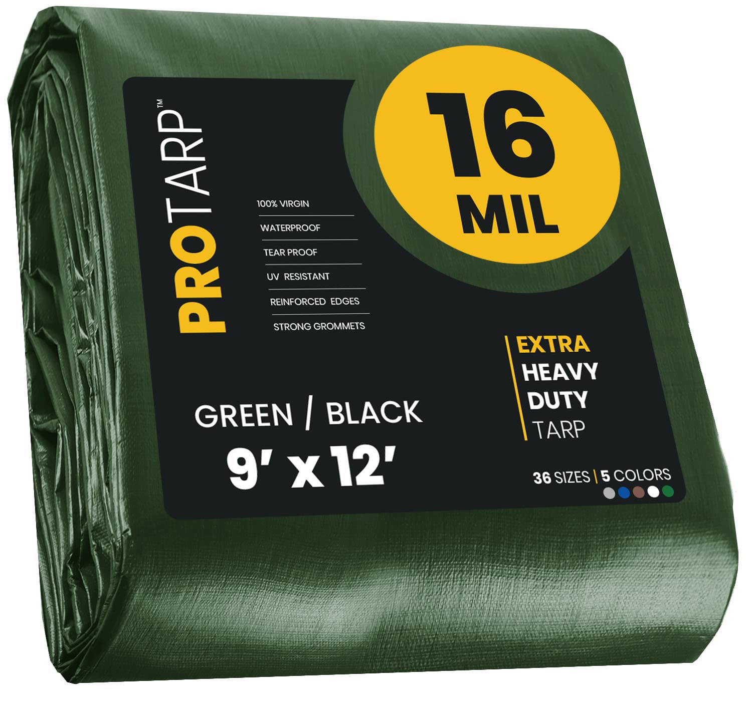Extra Heavy Duty 16 Mil Tarp Cover, Waterproof, UV Resistant, Rip and Tear Proof, Poly Tarpaulin with Reinforced Edges for Roof, Camping, Patio, Pool, Boat. (Green/Black 9′ X 12′)