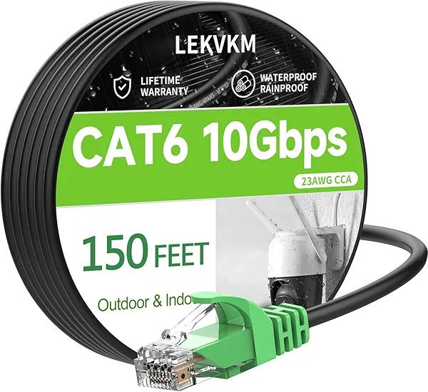 LEKVKM Cat 6 Ethernet Cable 150 ft High Speed 23AWG RJ45 Internet Cable for Outdoor & Indoor Support CAT6 Network Solid Black Computer LAN for PC，150FEET Green Head