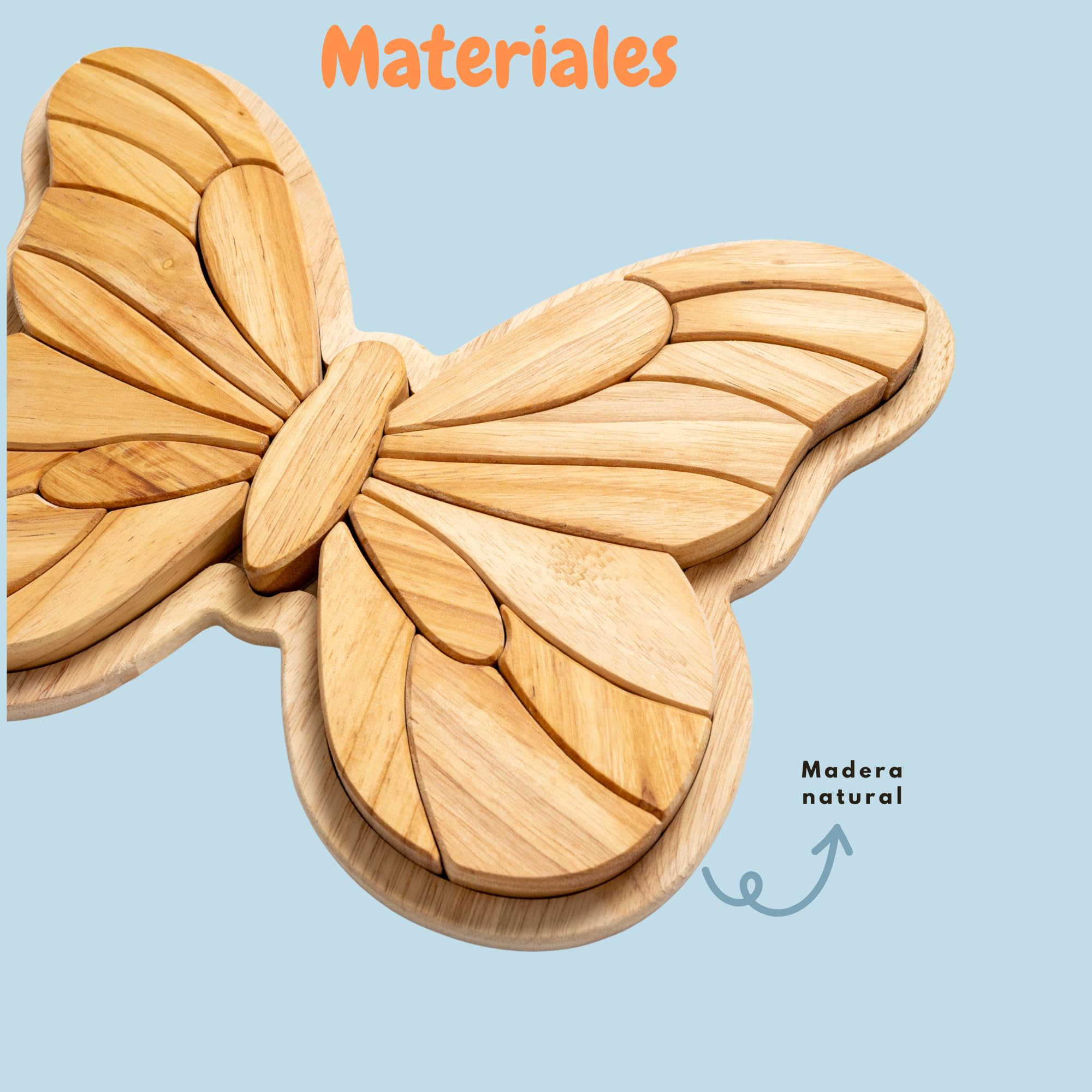 Drewniane puzzle Montessori Motyl 23 sztuki + taca - Puzzle dla dzieci 2+ lata | Zabawka edukacyjna w kształcie motyla | Dobra motoryka i koncentracja | Naturalne drewno kauczukowe