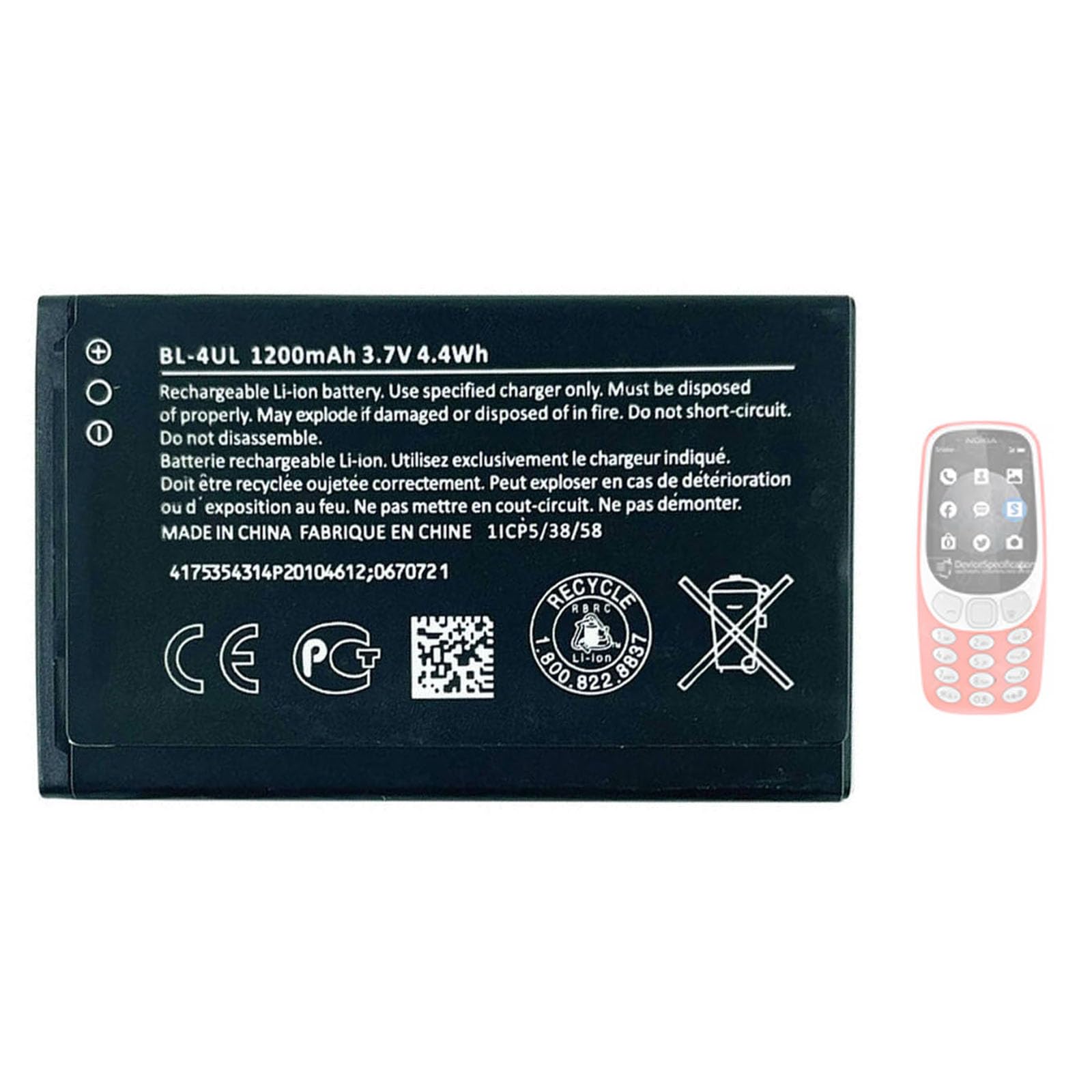 Nokia 3310 4g Batterie BL-4UL Compatible Nokia 3310, 225, 500, 230, Asha 225 - 1200 MAh - Avec Outil De Remplacement Batterie Nokia