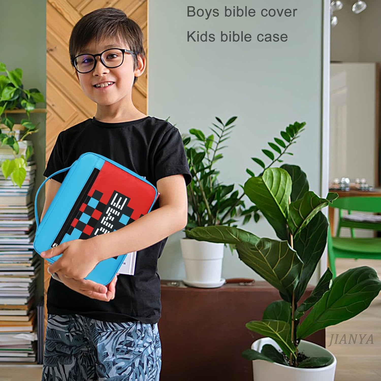JIANYA Bible Cover for Boys Kids Bible Case Childrens Bible Bag with Handle and Zippered Pocket, Checkered Blue - Image 4