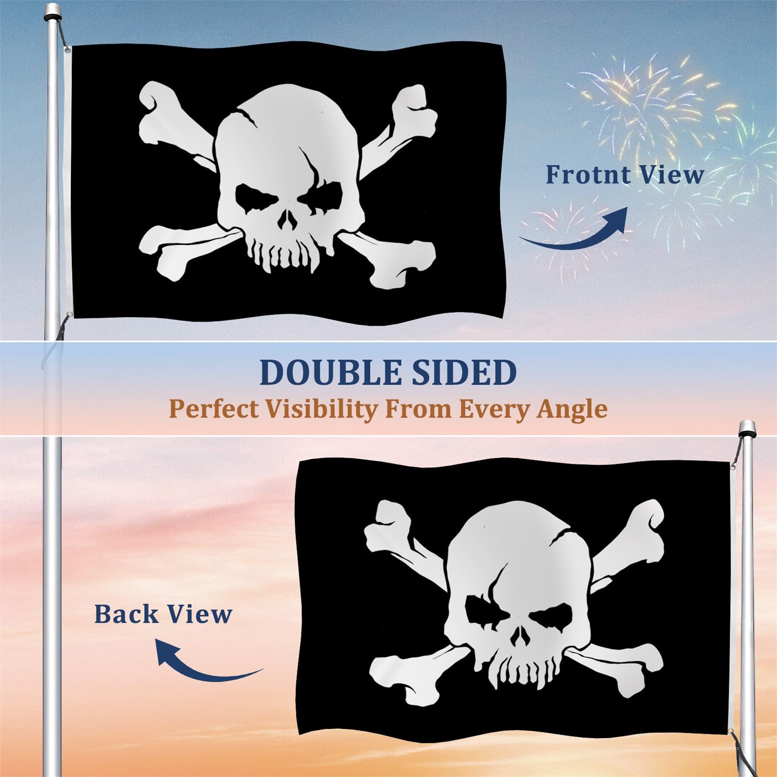 Aoihrraan Flaga piracka 1,8 x 3 m dwustronna Jolly Roger przerażająca czaszka kość skrzyżowane flagi szkielet baner na uroczystości na świeżym powietrzu do domu ogrodu ganku dekoracja flagi z 2