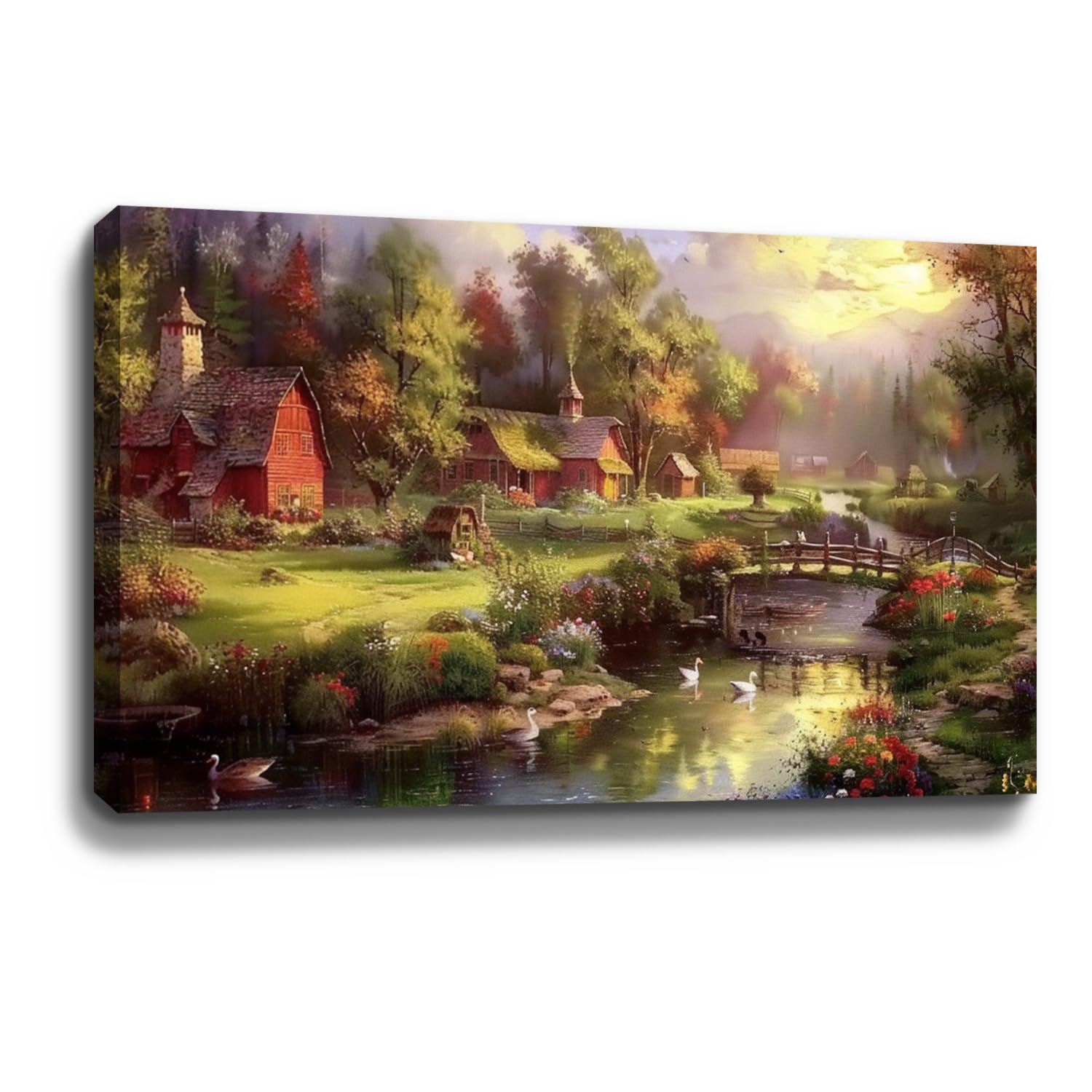 Bohu Arts Farm Evening Thomas Kinkade Canvas Art Thomas Kinkade Paintings Landscape Wall Art For Bedroom Livingroom Office Framed Ready To Hang