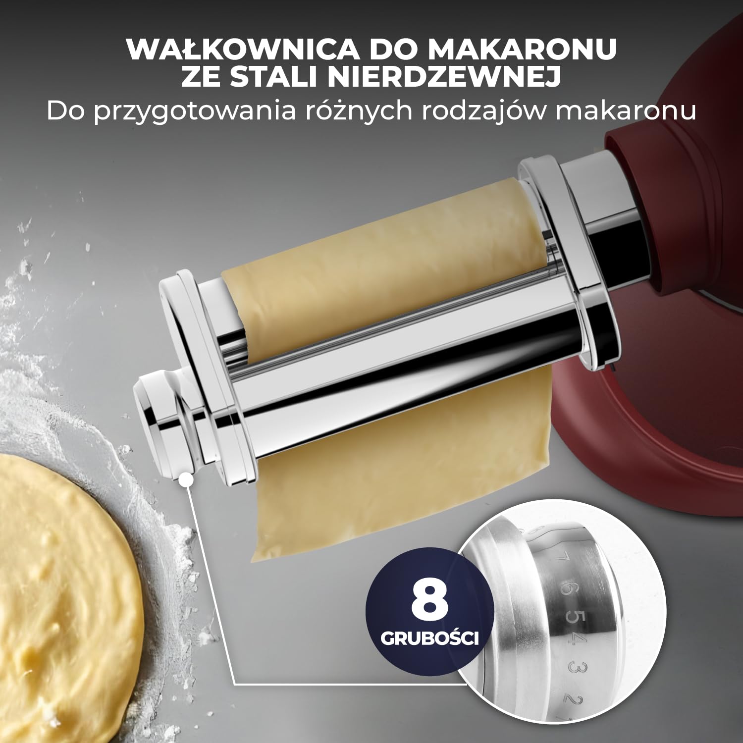 Planetarna mikser z maszyną do makaronu - 2000 W, robot kuchenny z maszyną do świeżego makaronu, maszynka do makaronu, 6,2 l, miska ze stali nierdzewnej (czerwona)