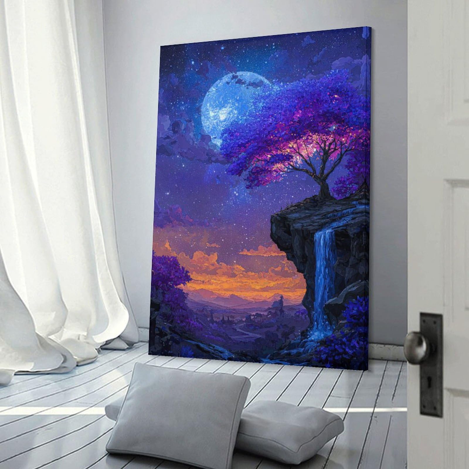 Junmoney Enchanted Night Landscape with Waterfall Canvas Wall Decor, 20x30inch(50x75cm), for Bedroom, Guest Room Or Reading Nook, Canvas Wall Decor for Personal Spaces
