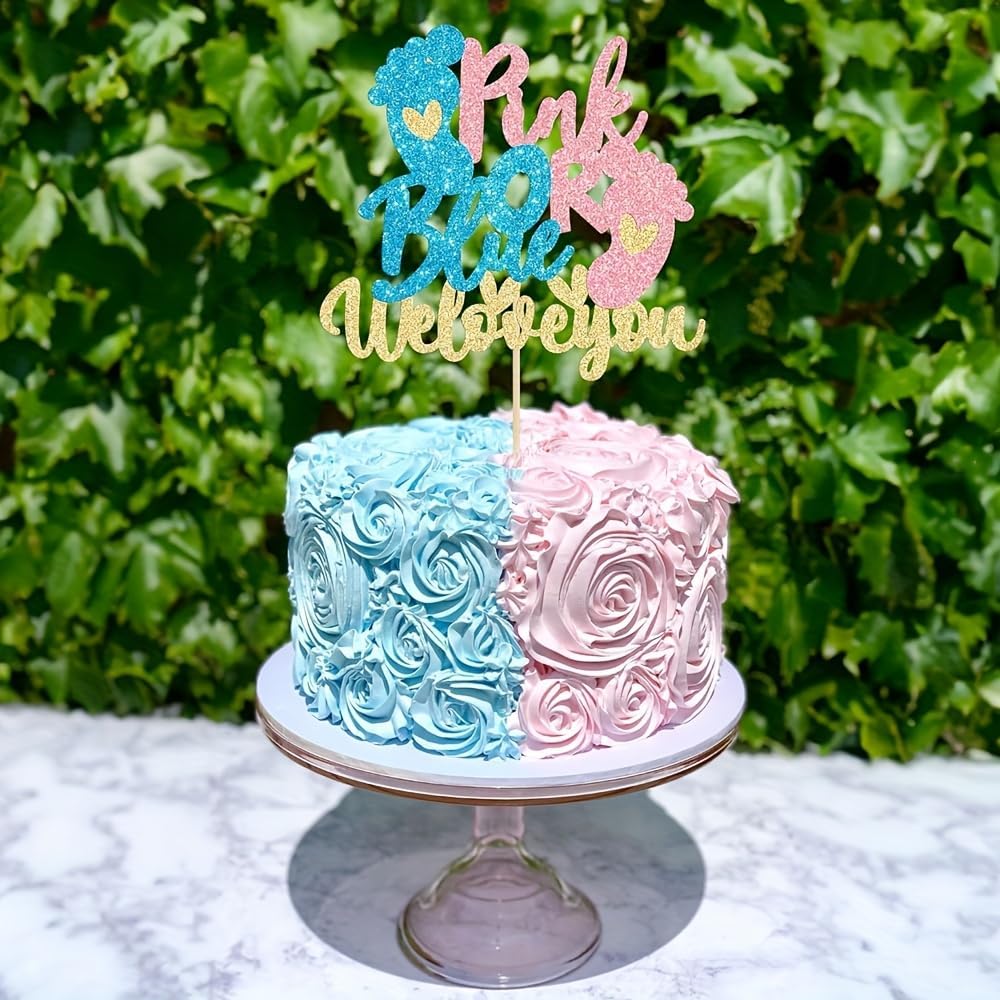 Pink or Blue Cake Topper with Glitter Baby Feet We Love You Cake Pick Gender Reveal Cake Decorations for Baby Shower Gender Reveal Theme Kids Boys Girls Birthday Party Decoration Supplies - Image 8