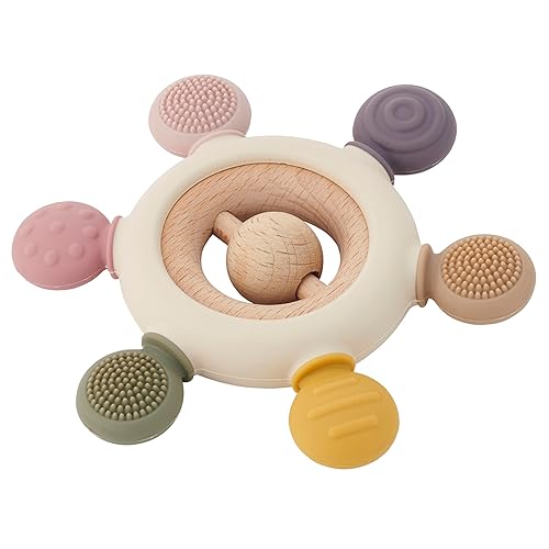 tickit Silisoft Rattle Teether | Sensory Baby Teether with Textured, Food-Grade Silicone and Natural Beechwood | Removable Wooden Rattle for Teething Relief and Development