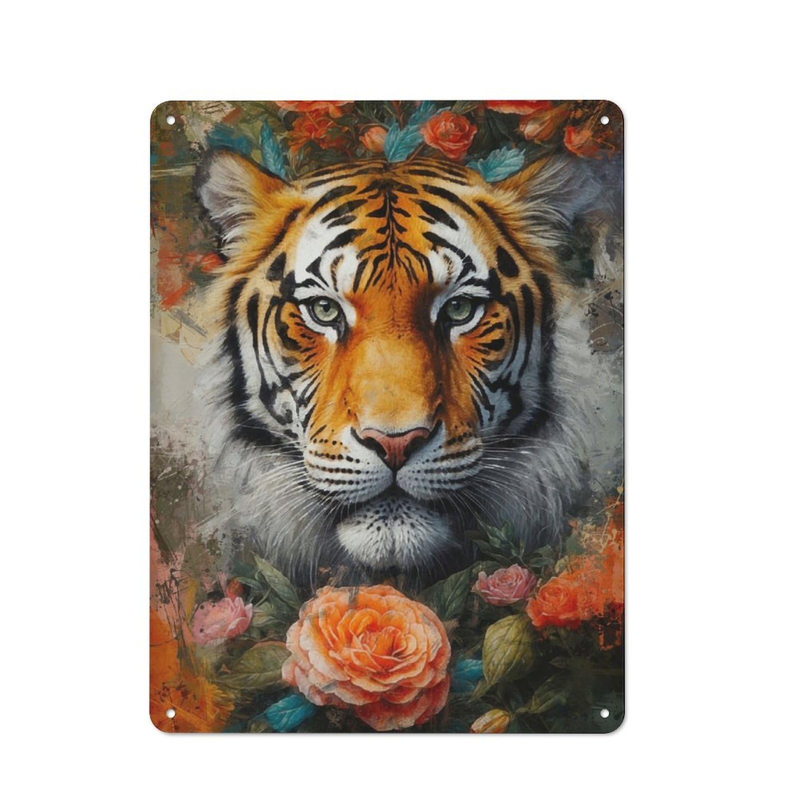 Junmoney Tiger In A Rose Garden Vintage Printed Metal Sign 40X30cm For Workshop Wall, A Decorative Gift For A Newly Furnished Workshop