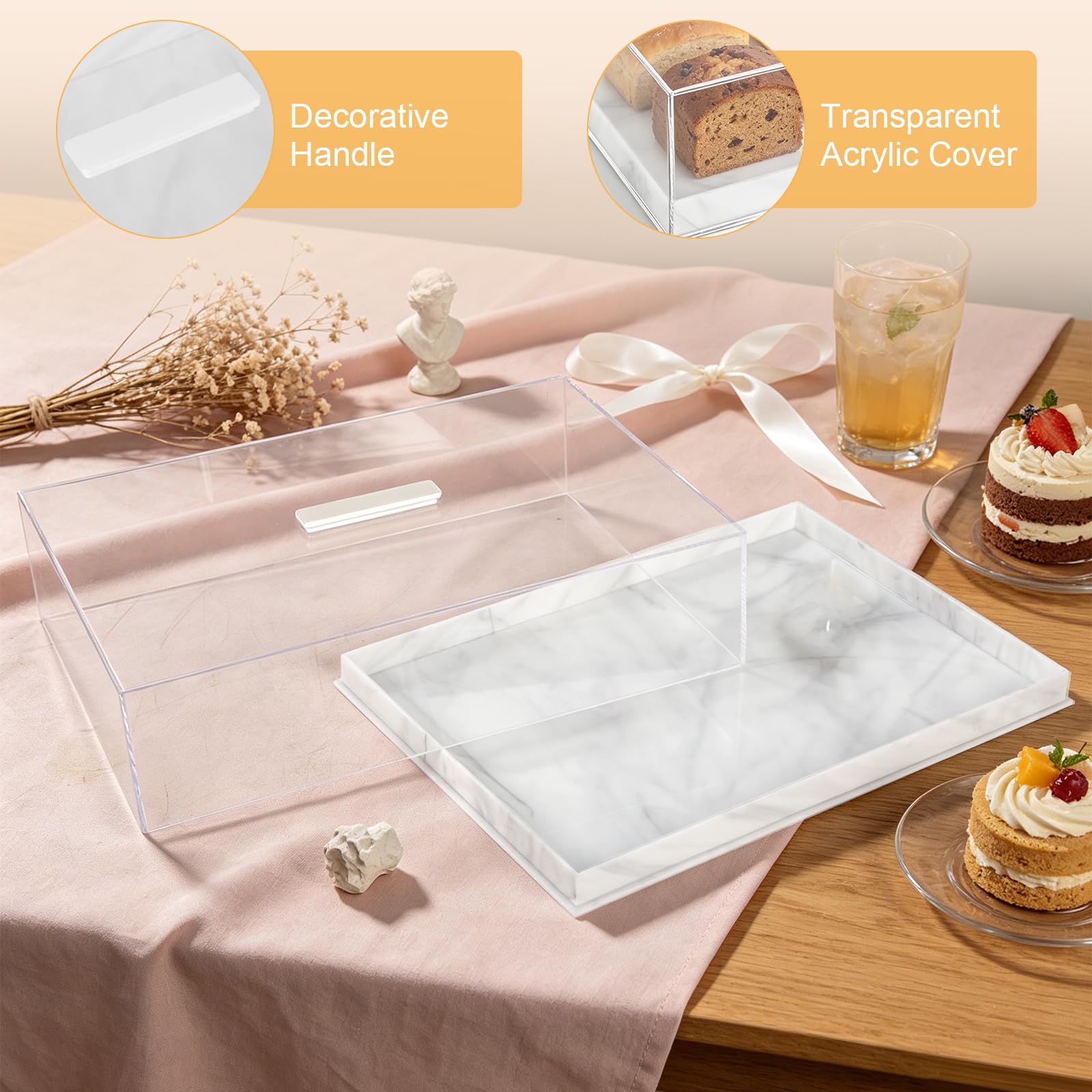 Bandeja rectangular de acrílico grande para tartas con tapa, soporte para tartas de 14 x 10 pulgadas, soporte transparente para exhibición de pasteles con tapa, soporte para postres, bandeja para