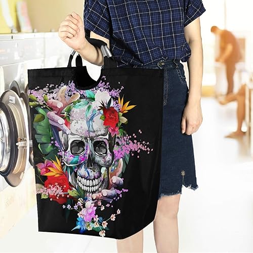 Miniatura 6 de visesunny Cesta de lavandería de gran capacidad con patrón de tatuaje de rosa de calavera Oxford cestas de almacenamiento para dormitorio, baño,