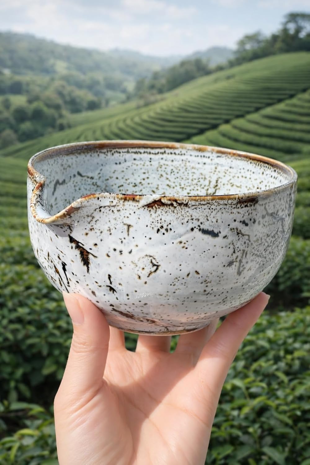 Urban Tokyo Yukiakari Katakuchi Matcha Bowl with Pouring Spout, Handmade Minoyaki Ceramic, Japanese Tea Ceremony Whisking, 18oz Made In Japan (Yuzushiro)