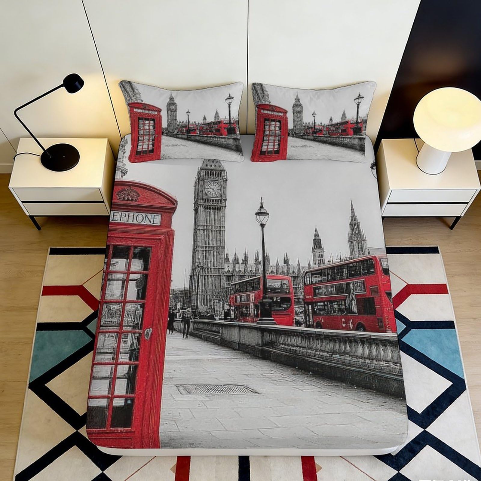 3D Printed London Red Telephone Booth Fitted Sheet Microfiber Soft Urban Big Ben Bed Cover for Bedroom Dorm Room Décor 90x200x25cm