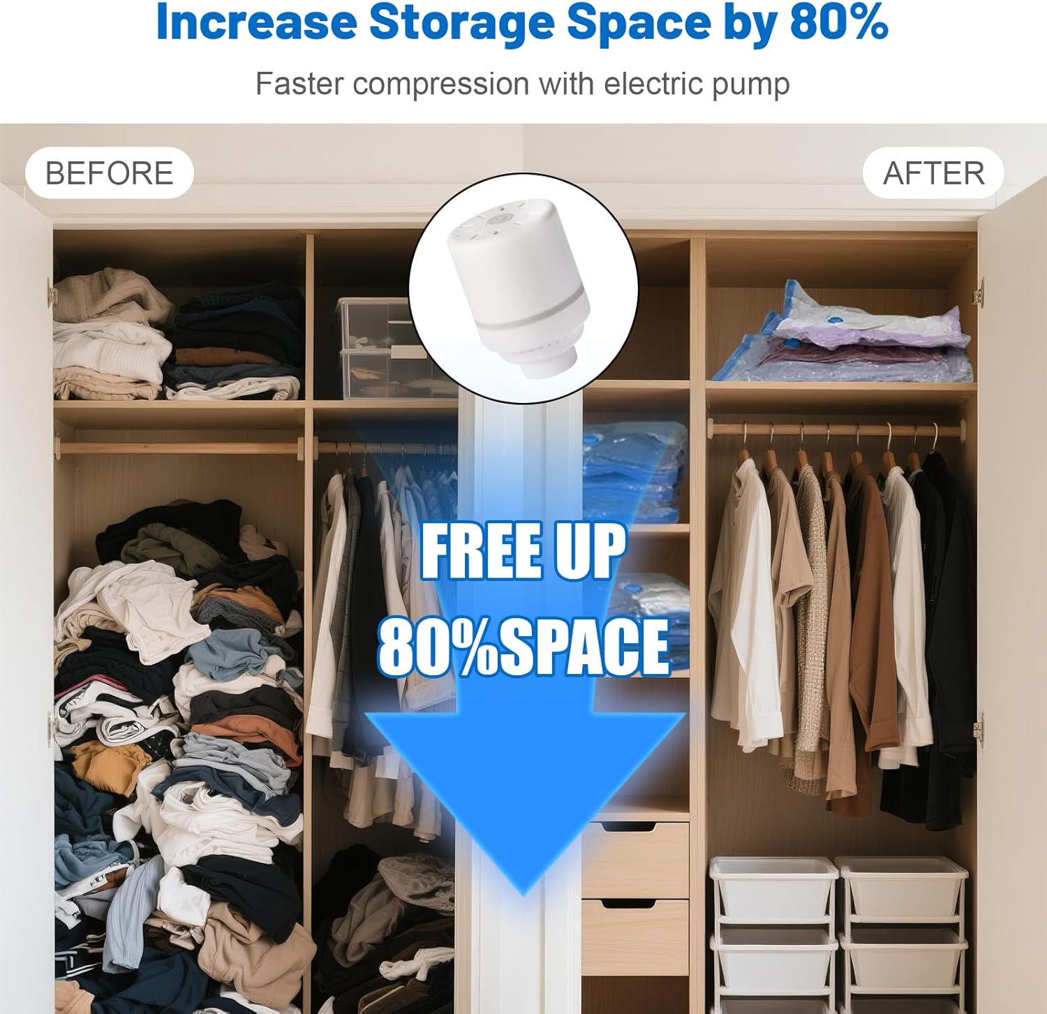 Vacuum Storage Bags for Clothing,With Electric Air Pump Space Saving Compression Bags,Waterproof, 80% Storage Reduction,6 Pack Vacuum Seal Bags(6 Pack Jumbo) for Clothes