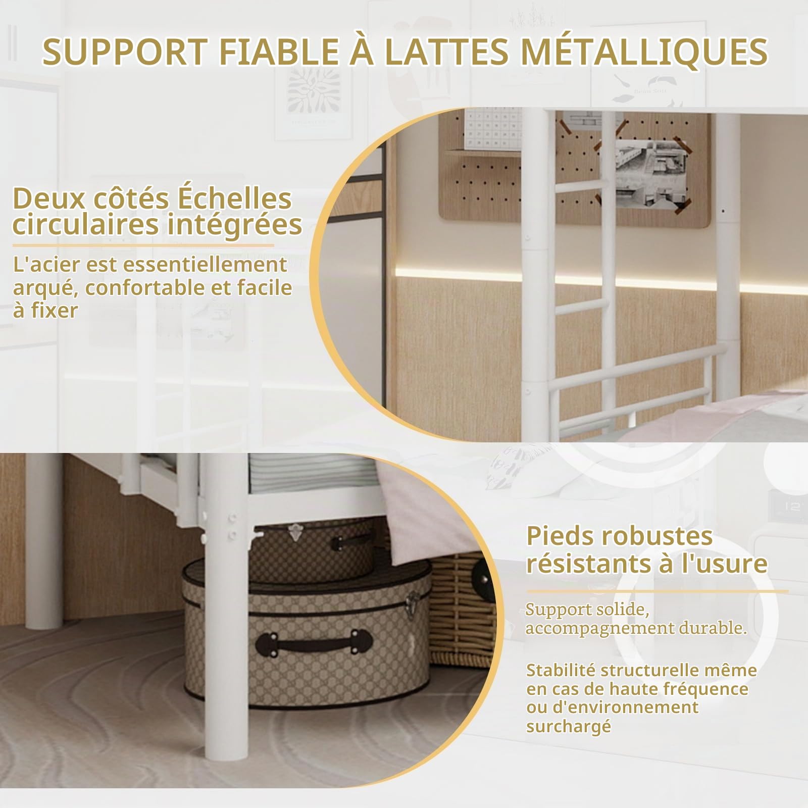 YEHTOKHOME Lit Superposé 2 Places 90x190 en Métal, Transformable en 2 Lits Séparés avec Échelle Antidérapante, Barrières Sécurité, pour Adolescents (sans Matelas) (C-Blanc)