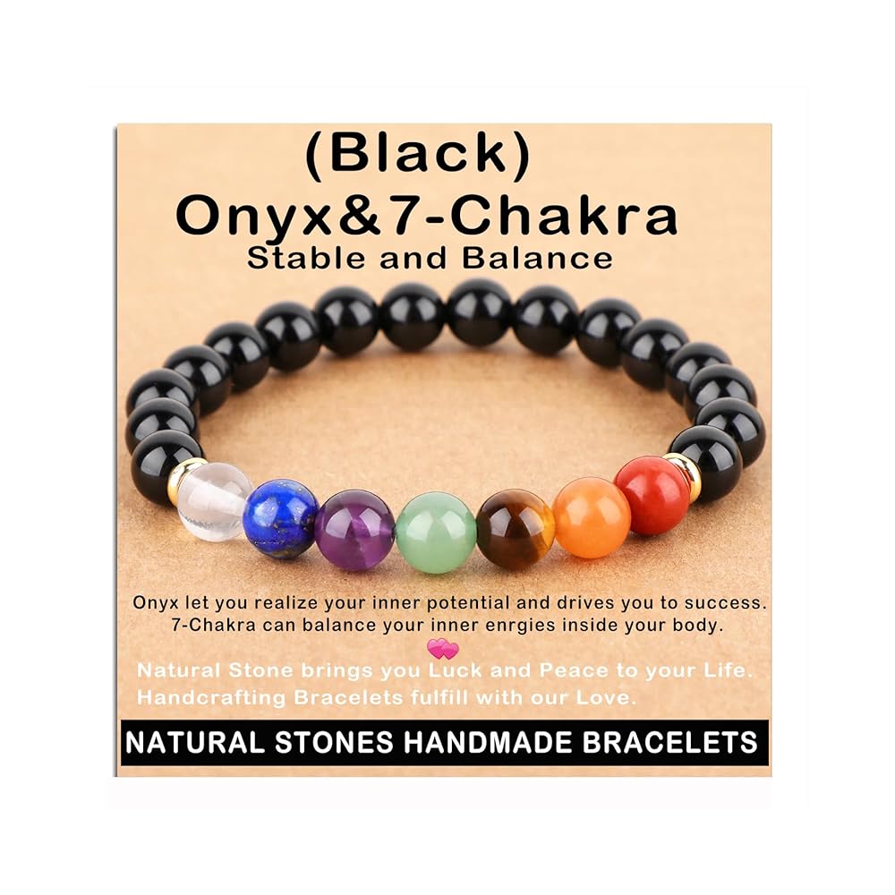 AD Beads Handmade Gemstone Stretch Elastic Bracelet Crystal Healing Reiki Nature\'s Beauty and Spiritual Essence Unisex (8mm, Onyx & 7-Chakra (Stable and Balance))