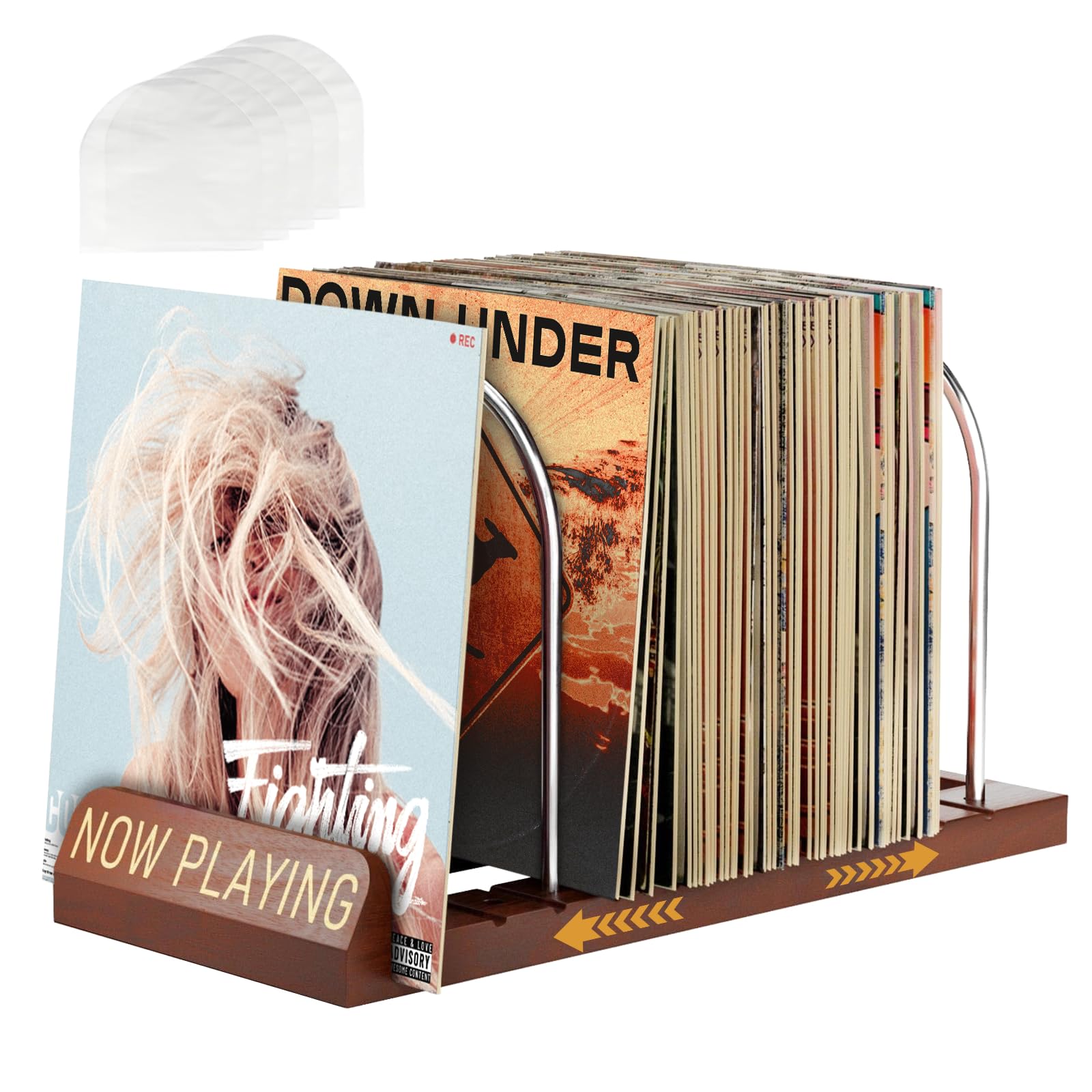 Supporto per dischi in vinile, scalabile, in stile retrò, per 30 – 70 LPs, Now Playing Vinyl Stand in legno e metallo, supporto LP per CD, album, con 5 tasche interne