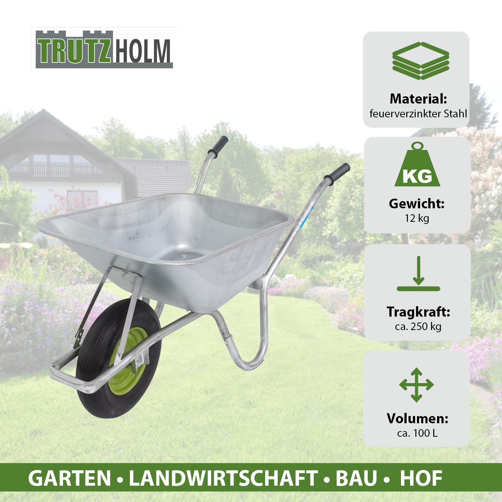 TRUTZHOLM Profi Schubkarre 100L 250 kg Traglast Vollgummirad 4.00-8 mit Stahlfelge Kugellager Schiebetruhe für Garten und Baustelle robust langlebig extra stabiles Chassis