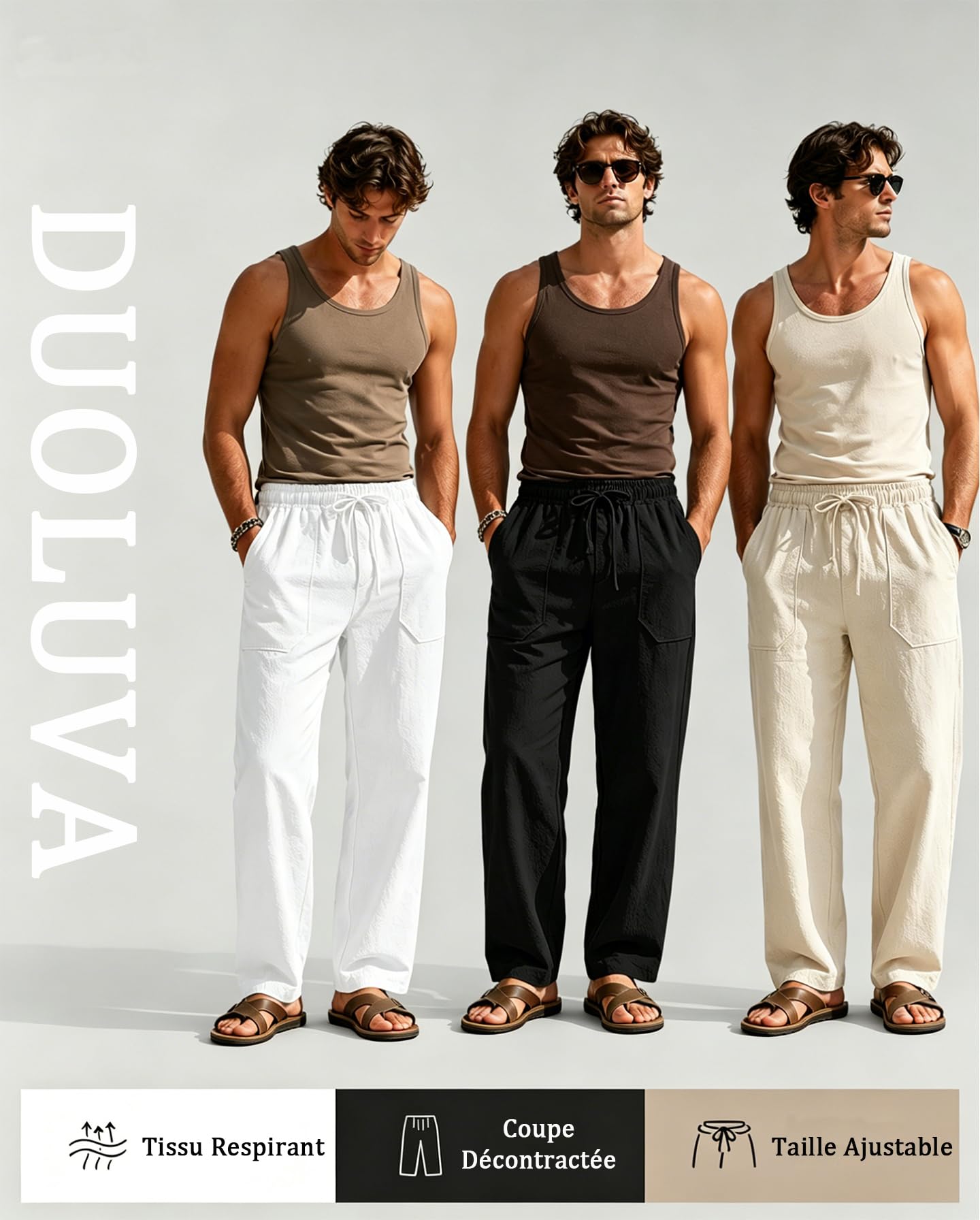 Pantalon Coton Lin Homme Décontractés de Plage Léger Été Casual Yoga Pants avec Cordon Elastique S-2XL
