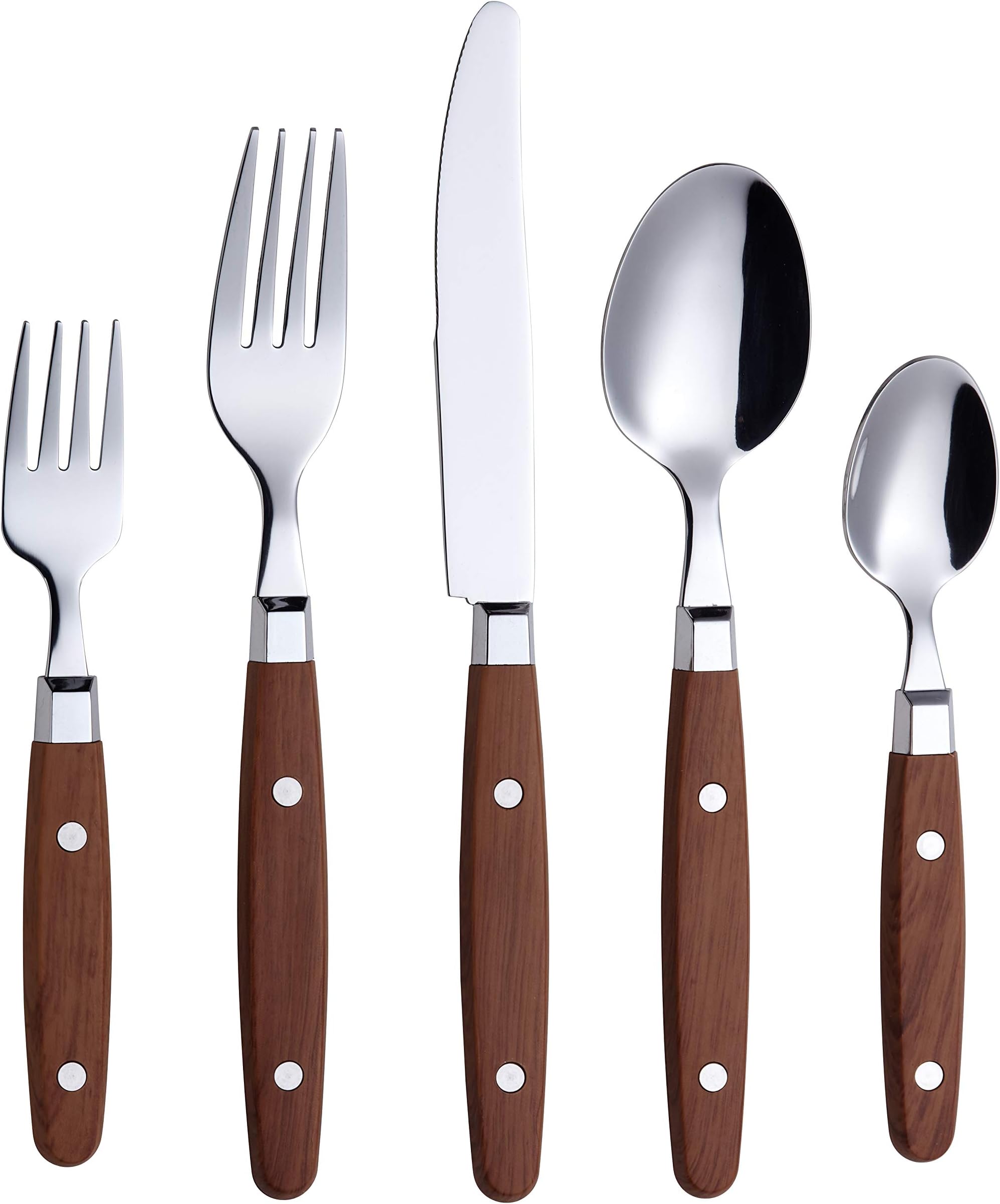 ANNOVA Silverware Set, Retro/Rivet Colorful Stainless Steel Tableware Kitchen Flatware Set Utensils, Includes Dinner Knives, Forks, Spoons, Salad Forks & Dessert Spoons (Wood, 20 Pieces)