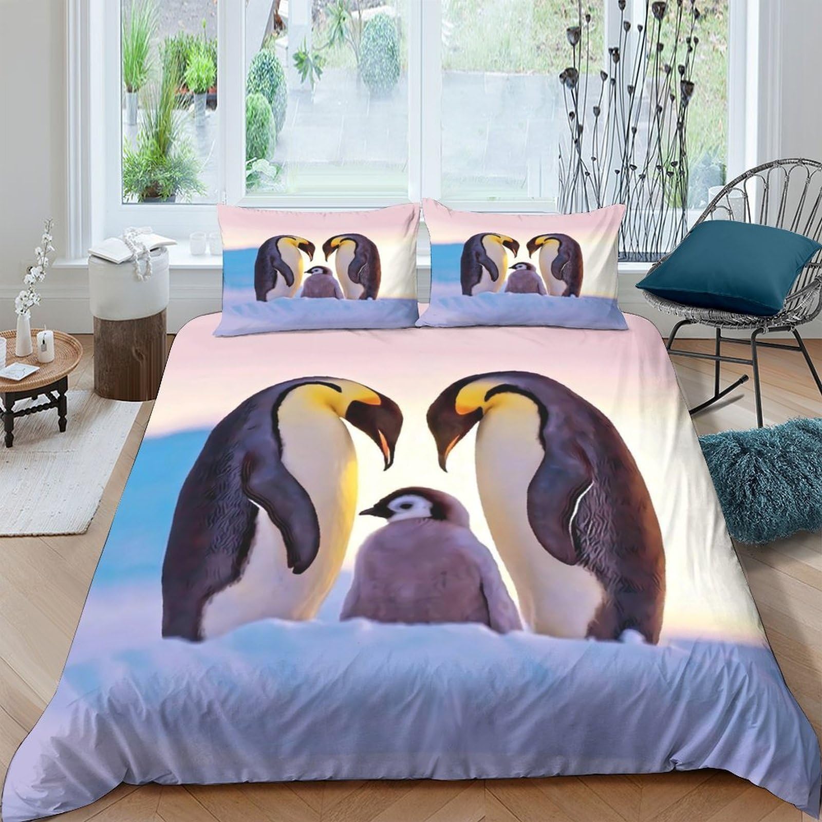 Ctjqhvkz Style-4 3D Printed Penguin Family Fitted Sheet Microfiber Soft Animal Pattern Bed Sheet For Bedroom Dorm Mattress Decor Single（135X200cm）