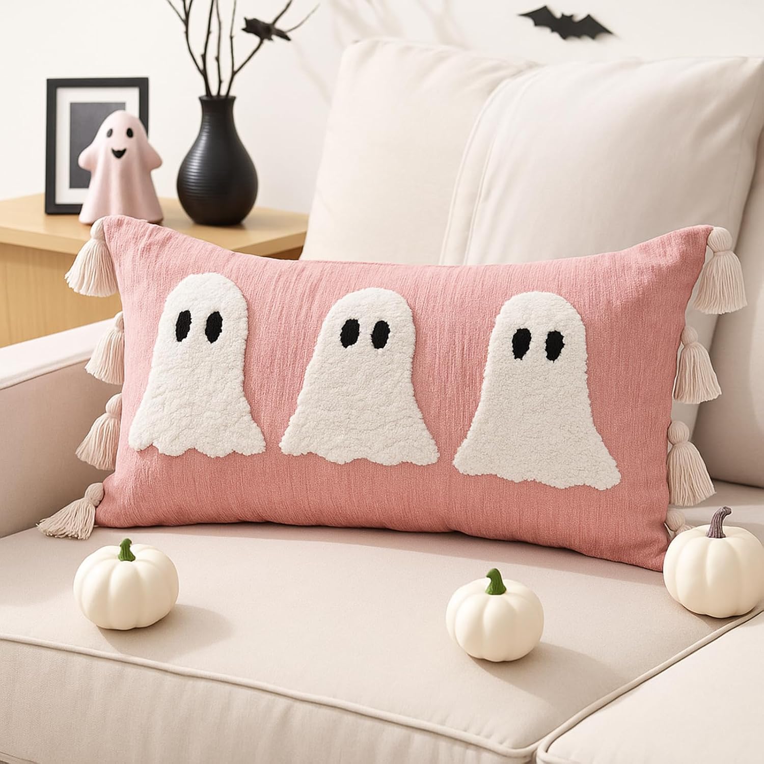 HunnmingRe Halloween Pillow with Tassel 14 x 26 Inch Pink Ghost Spooky Lumbar Throw Pillow Halloween Home Living Room Sofa Couch Bed Chair Holiday Party Decoration