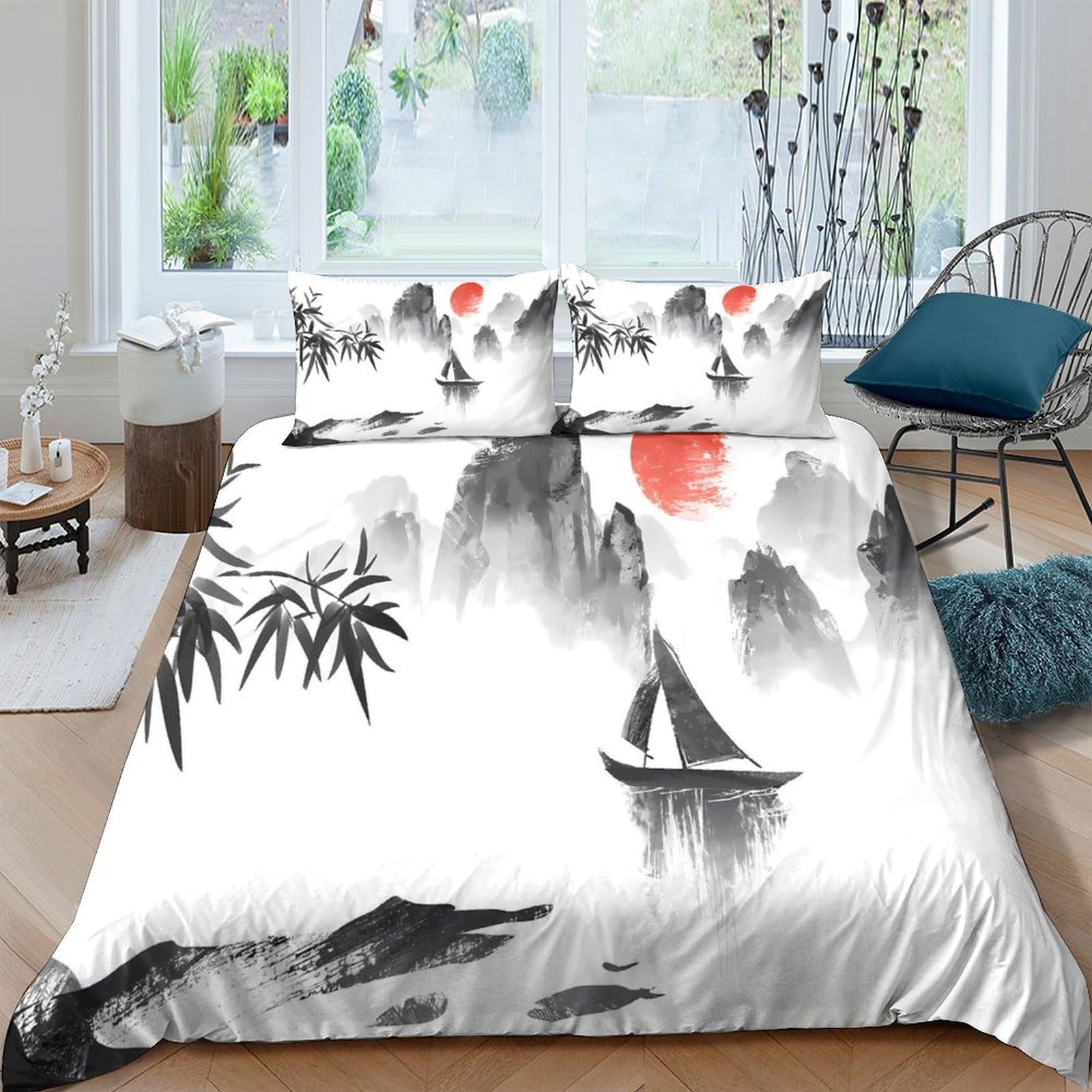 Ctjqhvkz Style-7 3D Printed Chinese Ink Landscape Fitted Sheet Microfiber Soft Breathable Red Sun Mattress Cover Bedroom Decor Single（135X200cm）