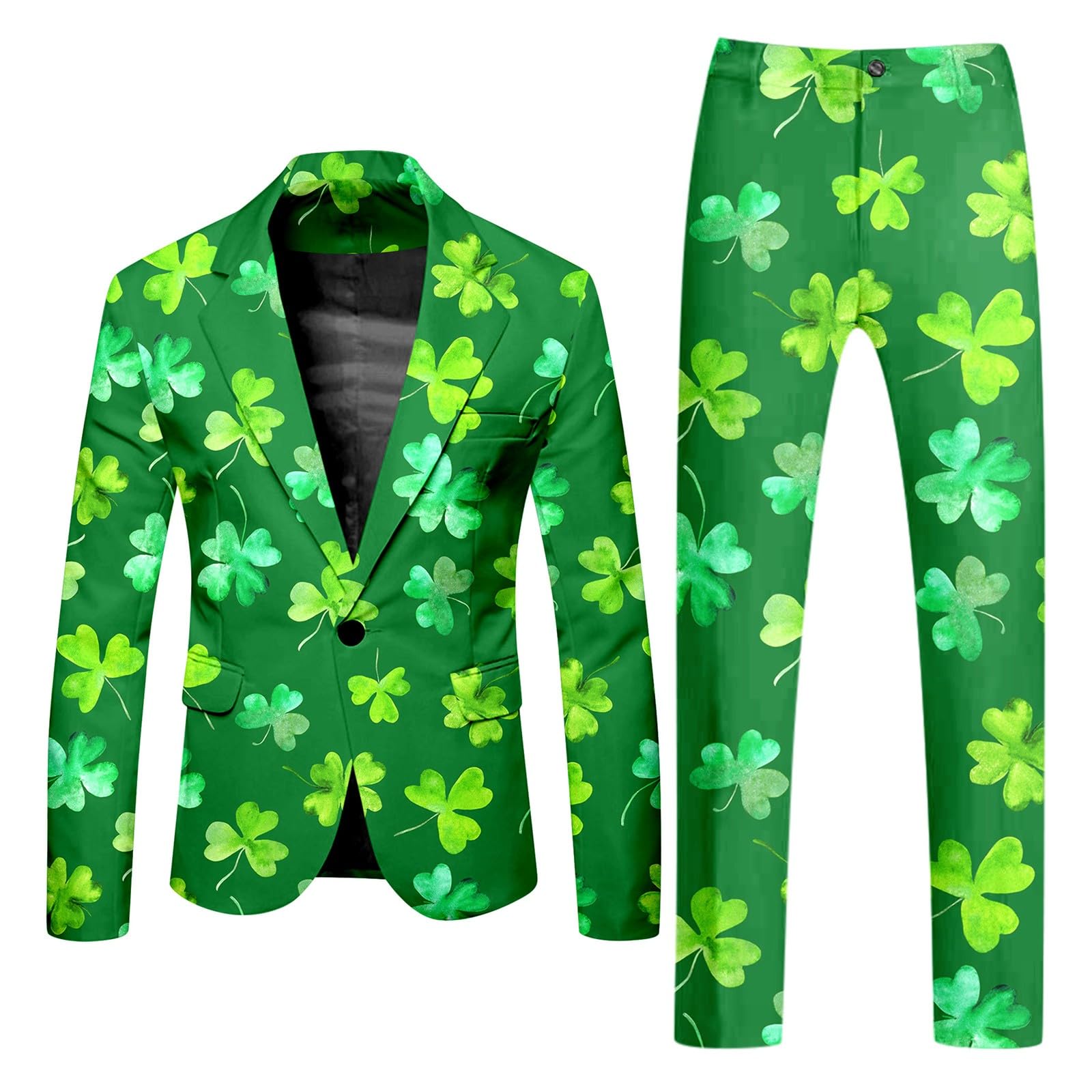 Mens St. Patrick's Day Formal Suit Set, 2-Piece Irish Clover Printed Blazer with Lapel & Wide Leg Trousers, Shamrock Fancy Dress Outfit Elegant Green Theme Costume Attire for Spring Party