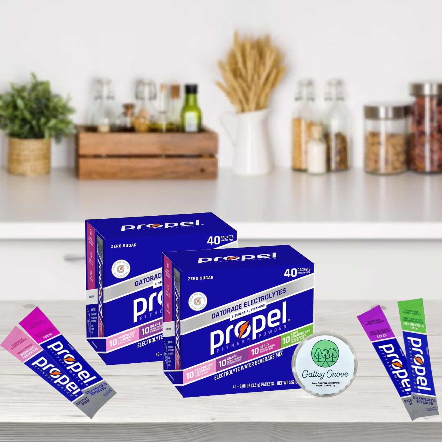 Propel Water Flavoring Enhancer Variety Bulk, 80 Drink Mix Packets (20 Each Flavor) - Raspberry Lemonade, Grape, Berry, Kiwi Strawberry With Galley Grove Sugar Free Breath Mints - Image 4