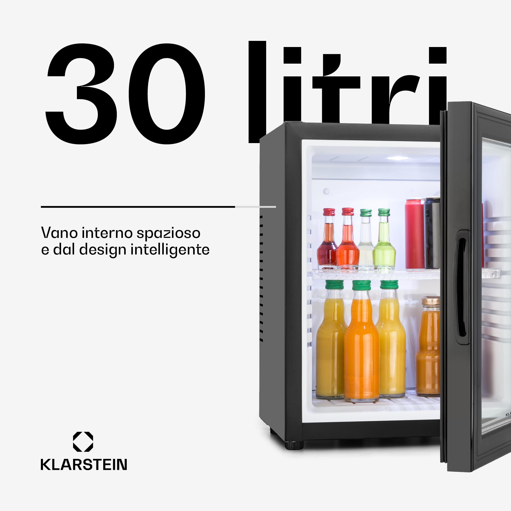 KLARSTEIN Brooklyn Mini Frigo da Camera, Frigo Portatile da Ufficio, Mini Frigo Bar con LED, Ripiani Rimovibili, Ideale per Campeggio e Skin Care, 12-18°C, 30L
