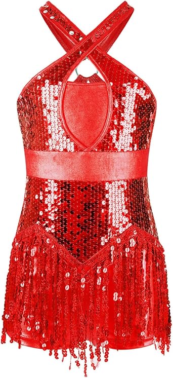 Kids Girls Sequins Latin Salsa Ballet Dance Dress Crisscross Back Jazz Fringe Tassel Performance Costume