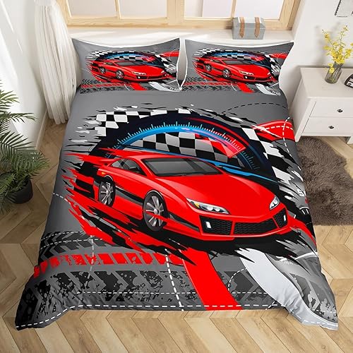 Juego de funda de edredón para automóvil deportivo, tamaño individual, funda de edredón roja de carreras de autos de carreras extremos, 2 piezas