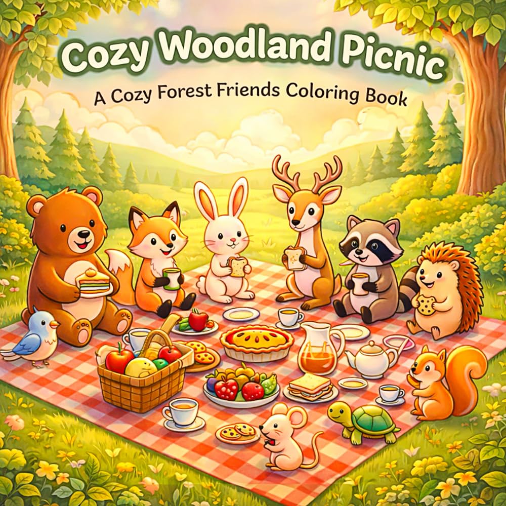 Cozy Woodland Picnic: An Adult And Kids Coloring Book Featuring Cute Animals, Relaxing Nature Scenes, and Joyful Forest Adventures